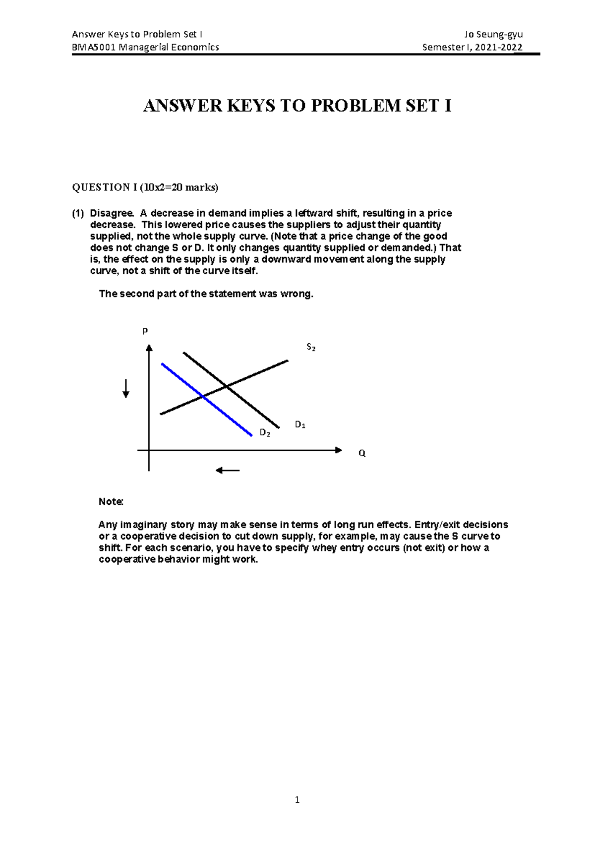 Answer keys to Problem Set I - BMA5001 - NUS - Studocu