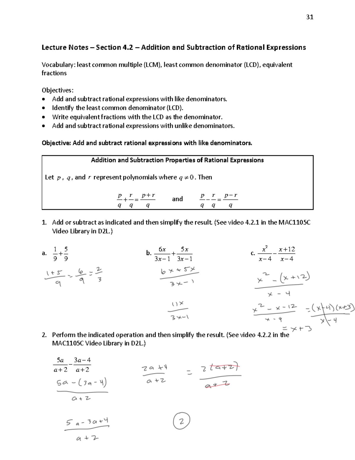4.2 Lecture Notes - Lecture Notes – Section 4 – Addition and ...