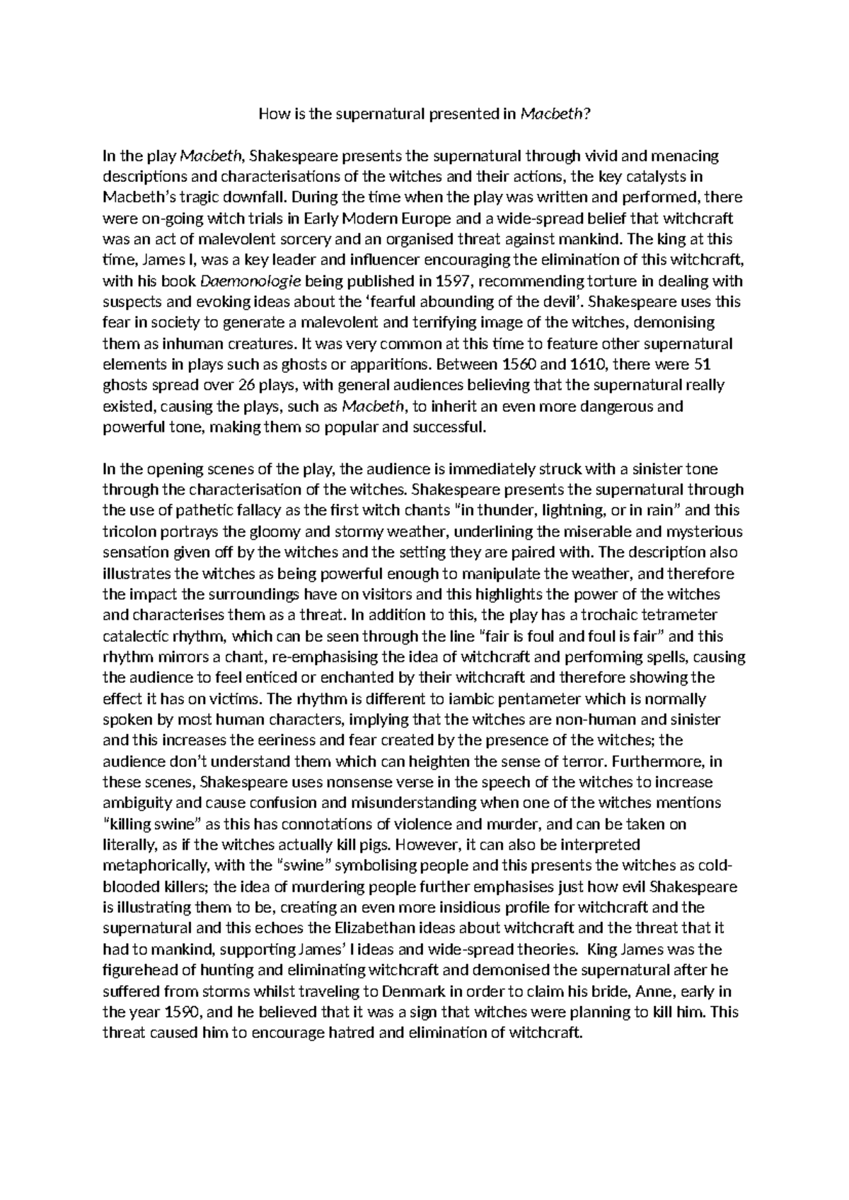Supernatural Elements in Macbeth: An Exemplar Essay (ENG101) - Studocu
