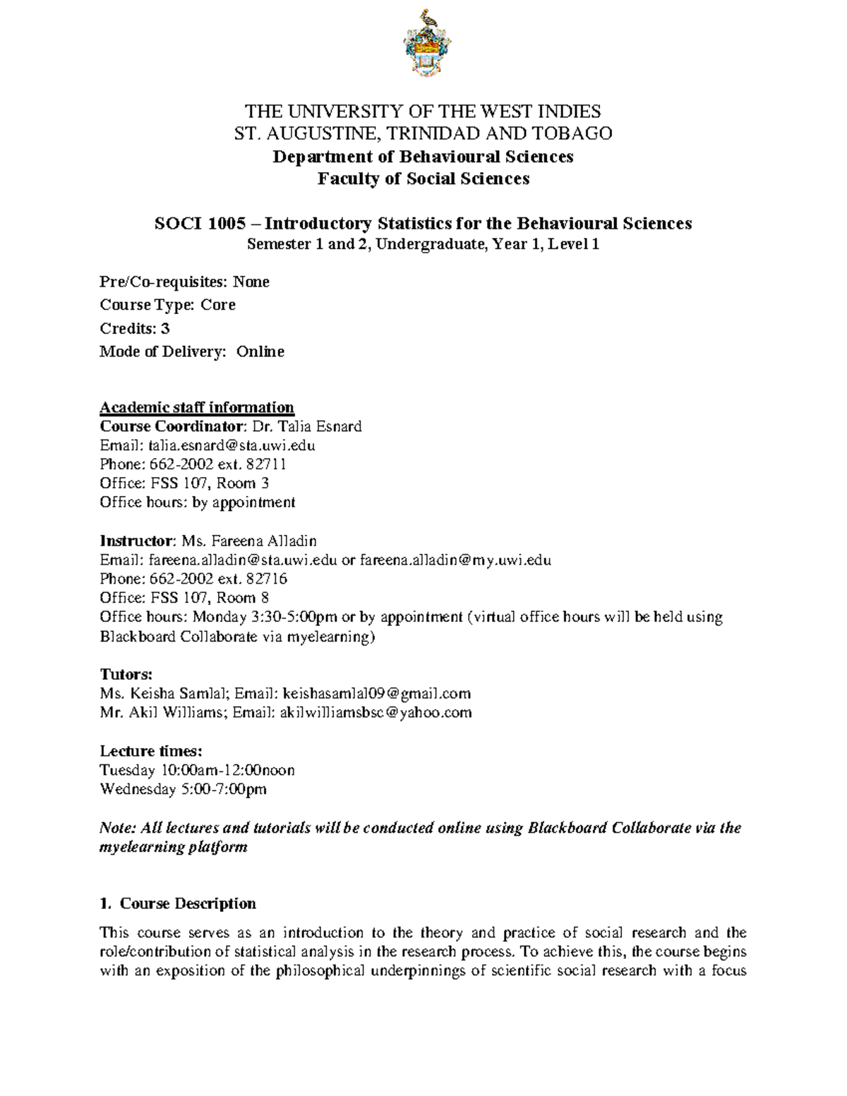 SOCI 1005 Course Outline: Introductory Statistics for Behavioral ...
