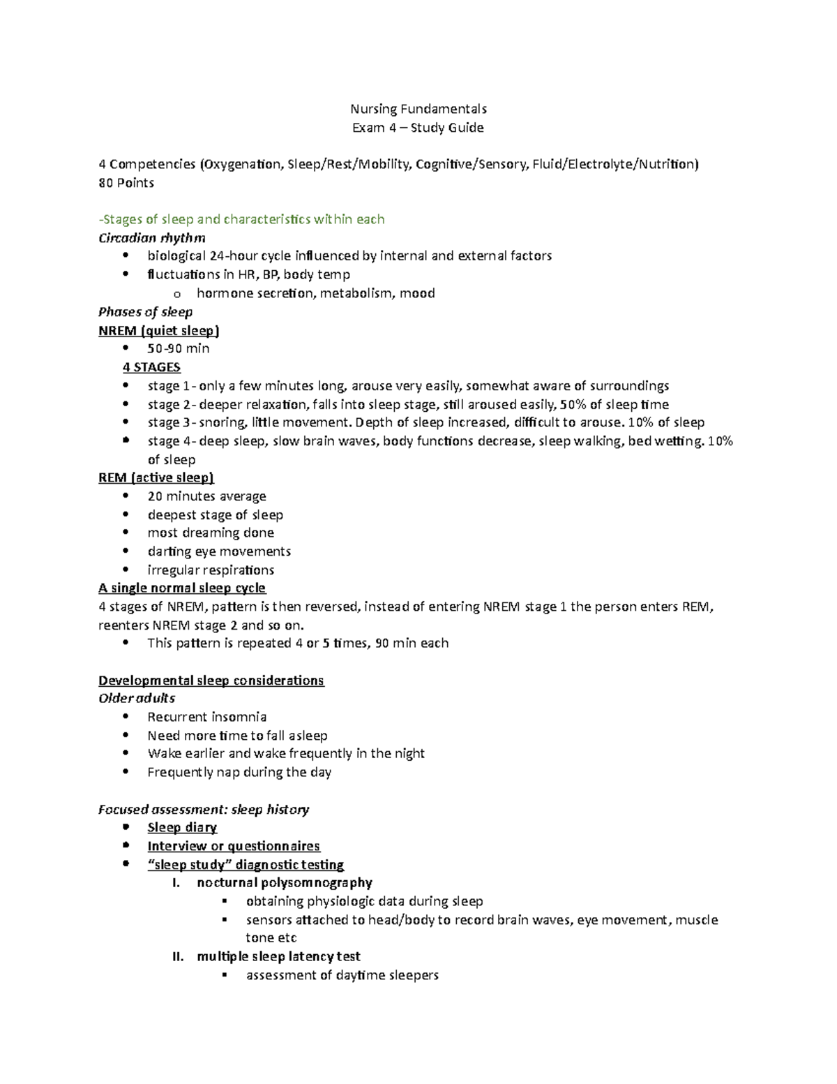 NURS 101: Exam 4 Study Guide on Oxygenation, Sleep, and Nutrition - Studocu