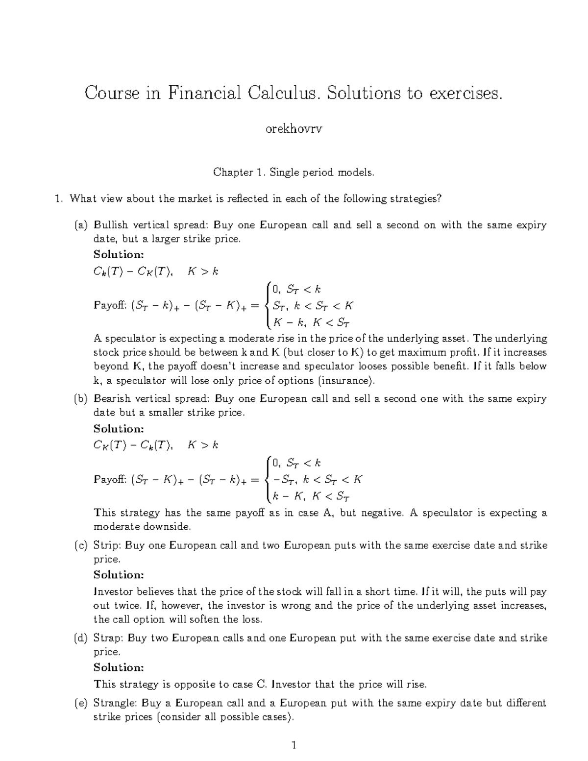 Course in Financial Calculus: Solutions to Exercises and Models - Studocu