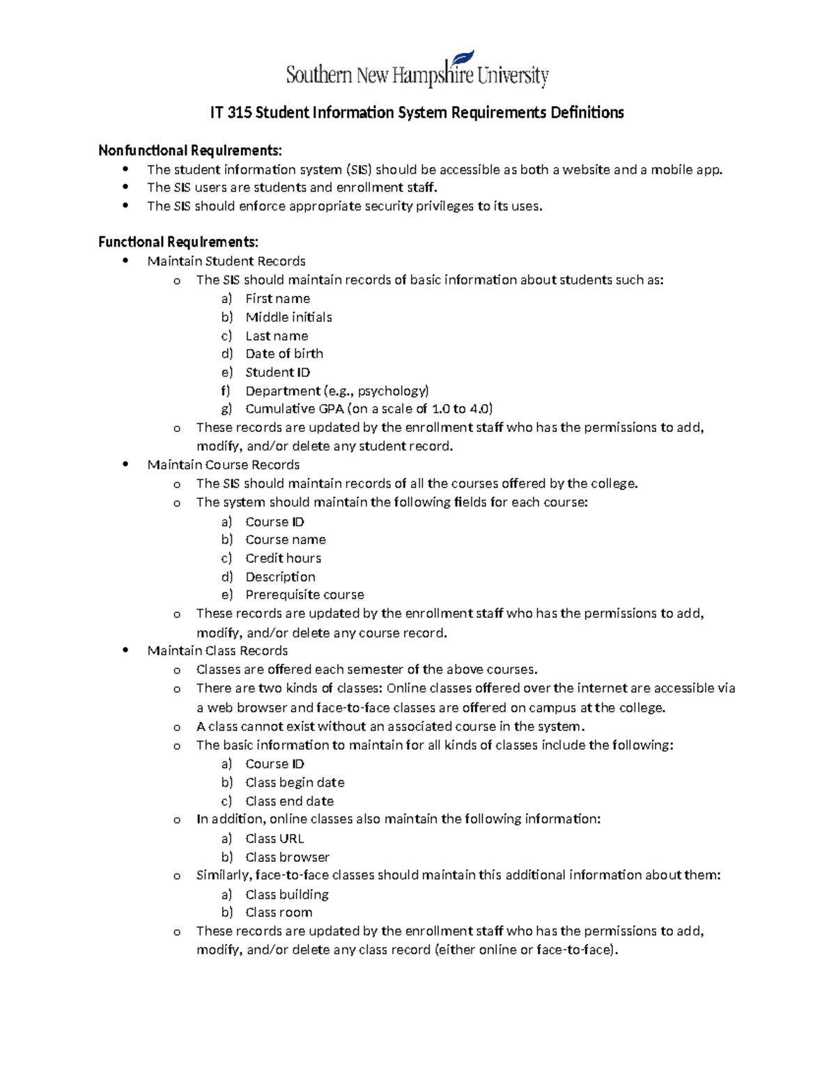 IT 315 Student Information System: Functional & Nonfunctional ...