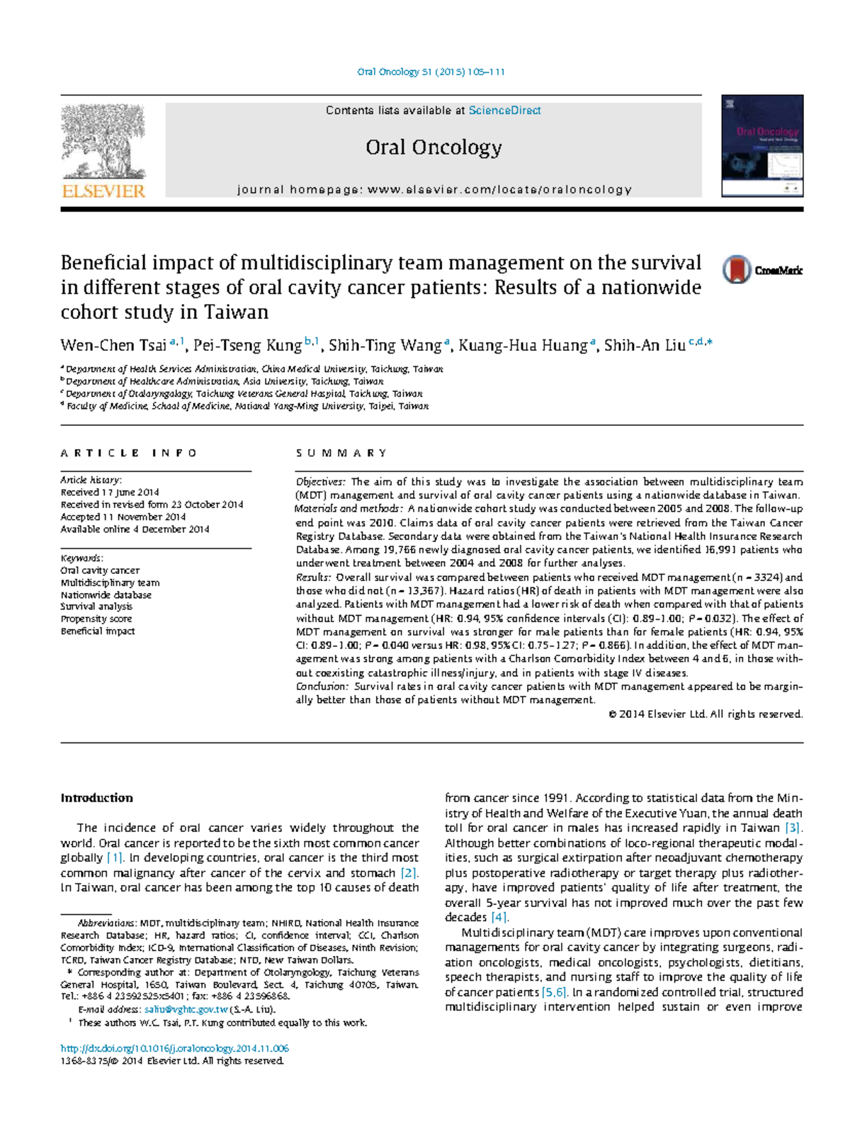 Impact of Multidisciplinary Team Management on Oral Cavity Cancer ...