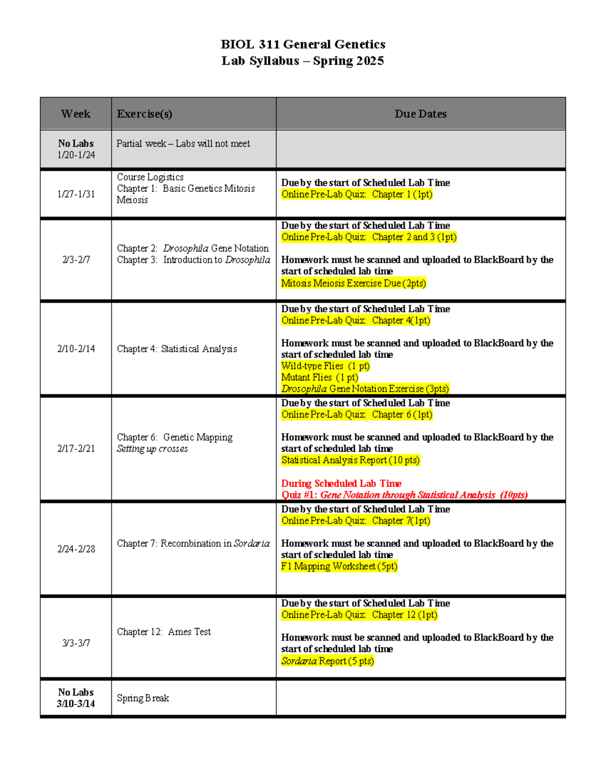 BIOL 311 Lab Syllabus Spring 25 V1 - BIOL 311 General Genetics Lab ...