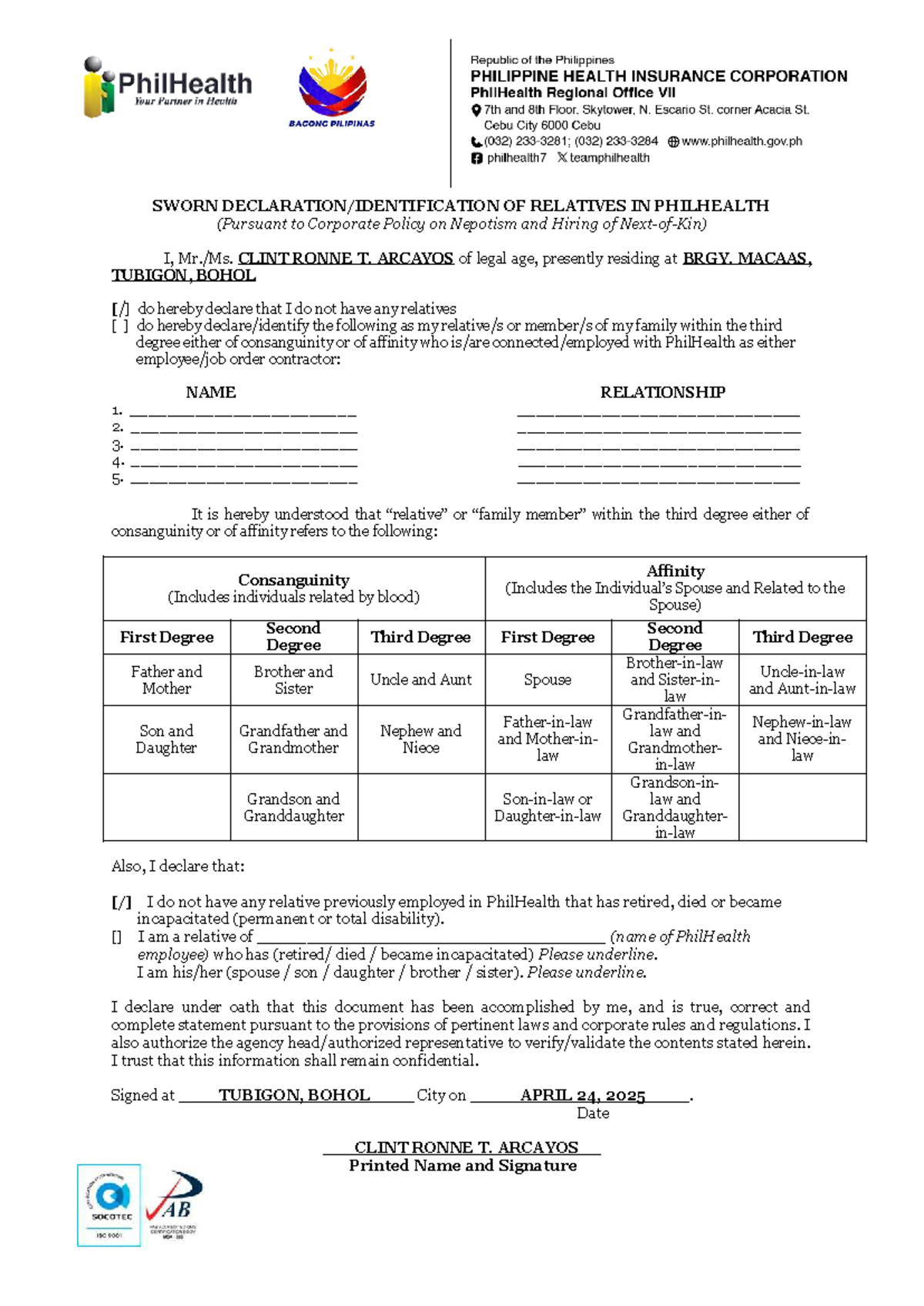 SWORN DECLARATION OF RELATIVES FOR PHILHEALTH COMPLIANCE - Studocu