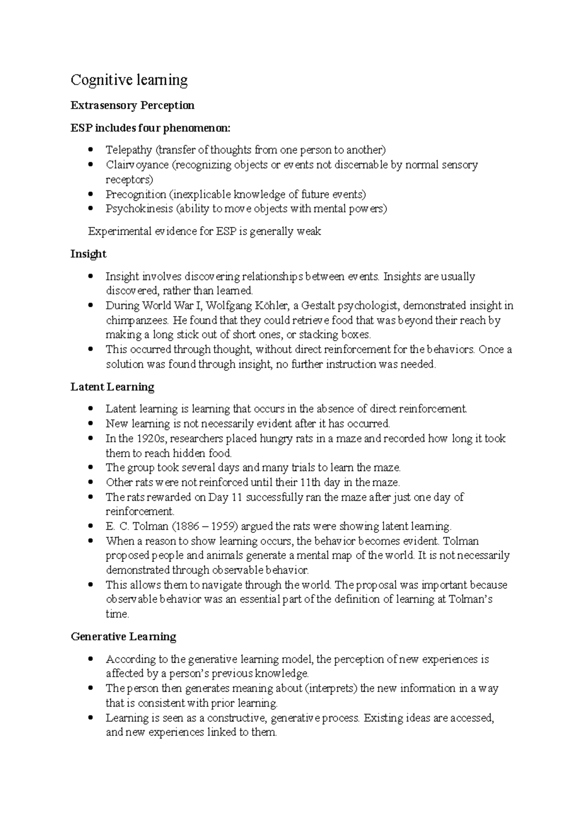 Cognitive Learning in Psychology: Insights & Theories Unit 3 - Studocu