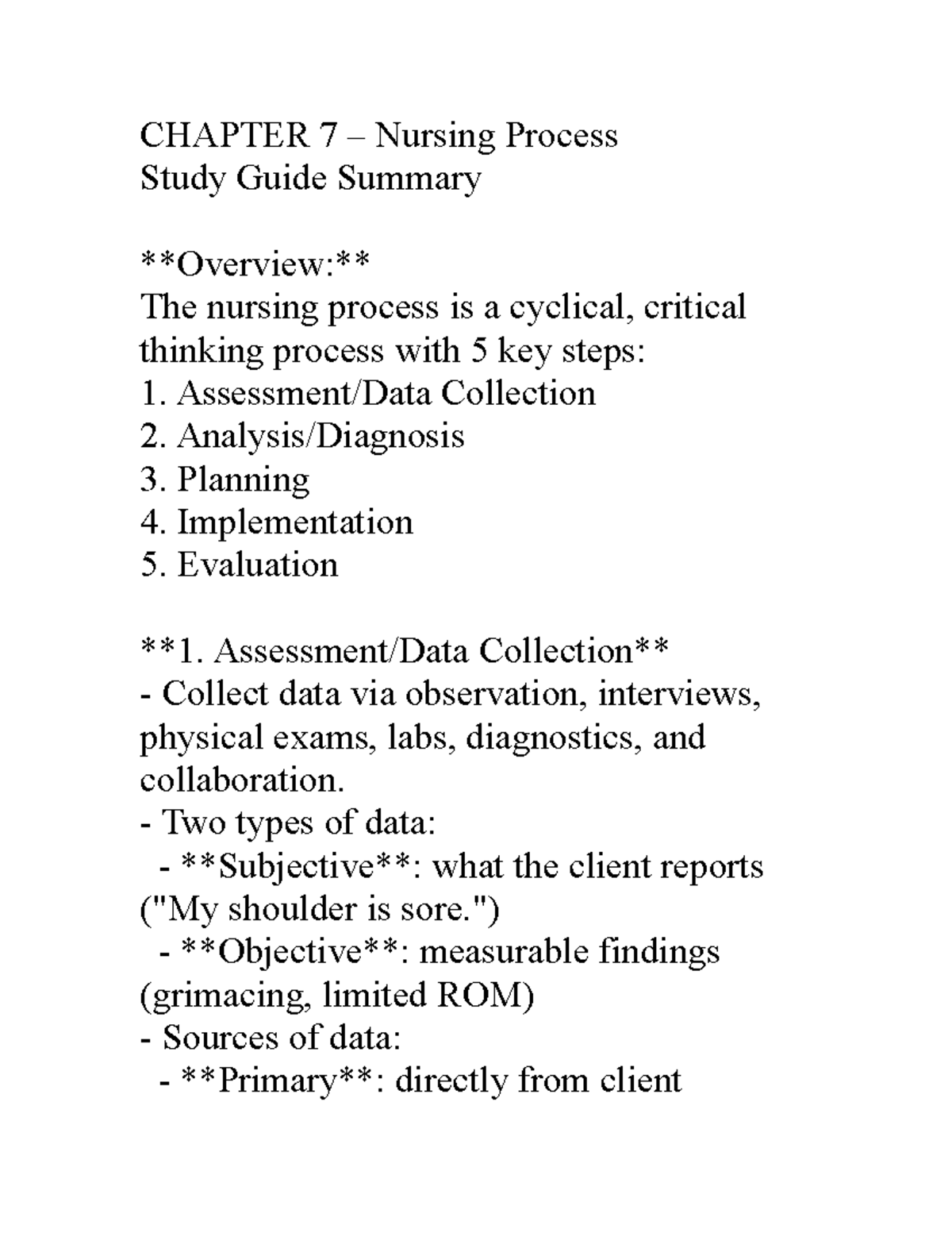 Chapter 7 Nursing Process Study Guide Summary Studocu
