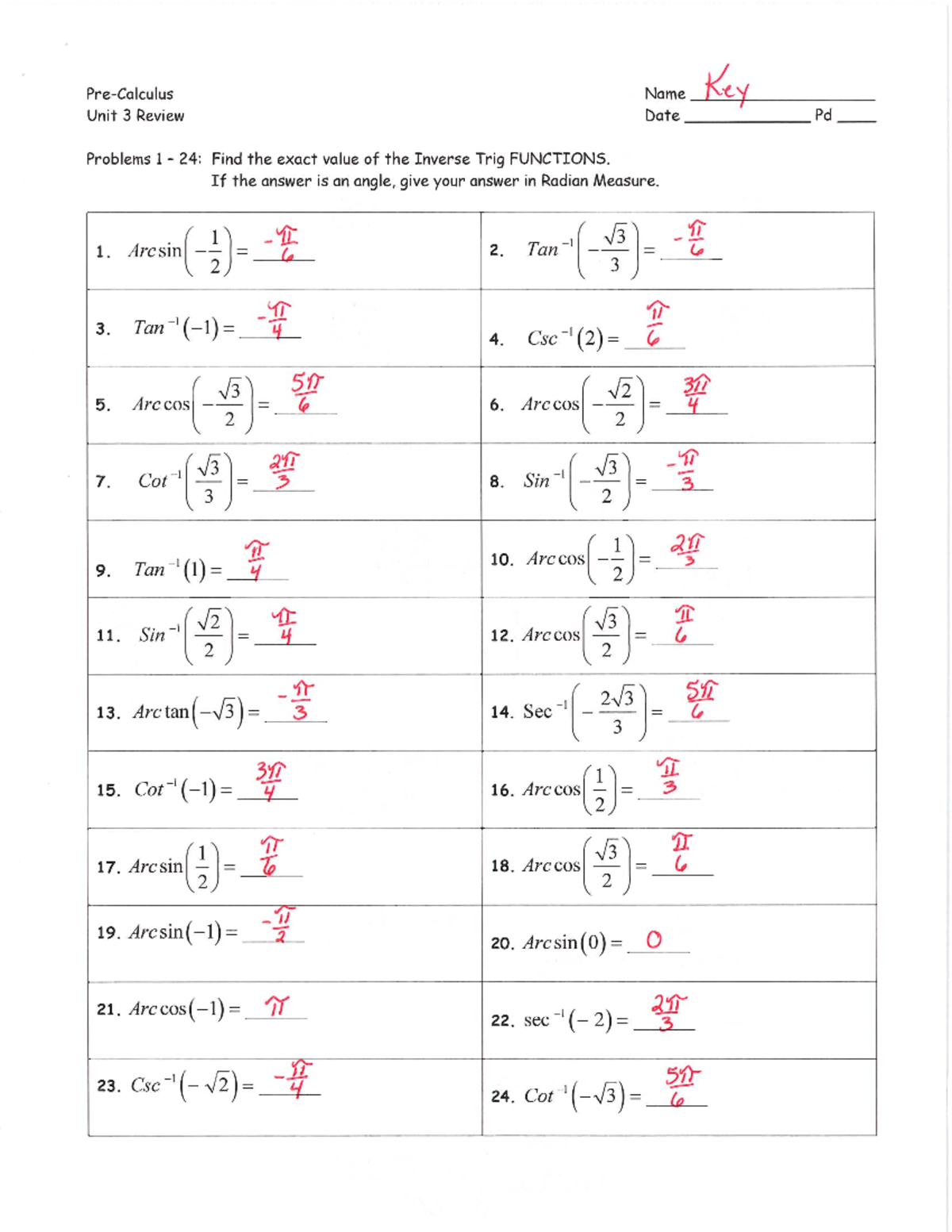 Unit 3 Review key - Name Key Unit 3 Review Date Pd Problems 1 24: Find ...