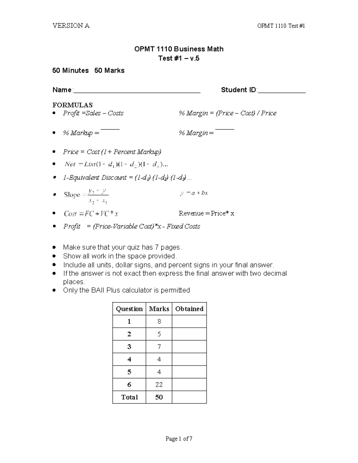 OPMT Business Math Practice Test A - Version 5 (50 Min, 50 Marks) - Studocu