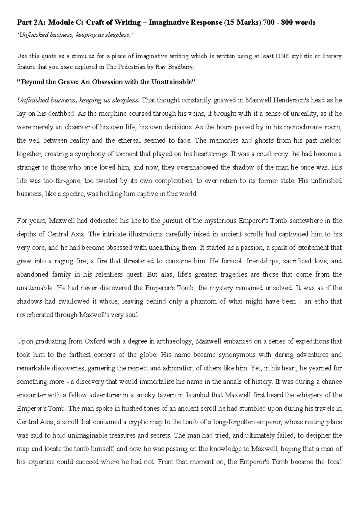 Imaginative Writing Response: The Quest for the Emperor's Tomb (Module ...