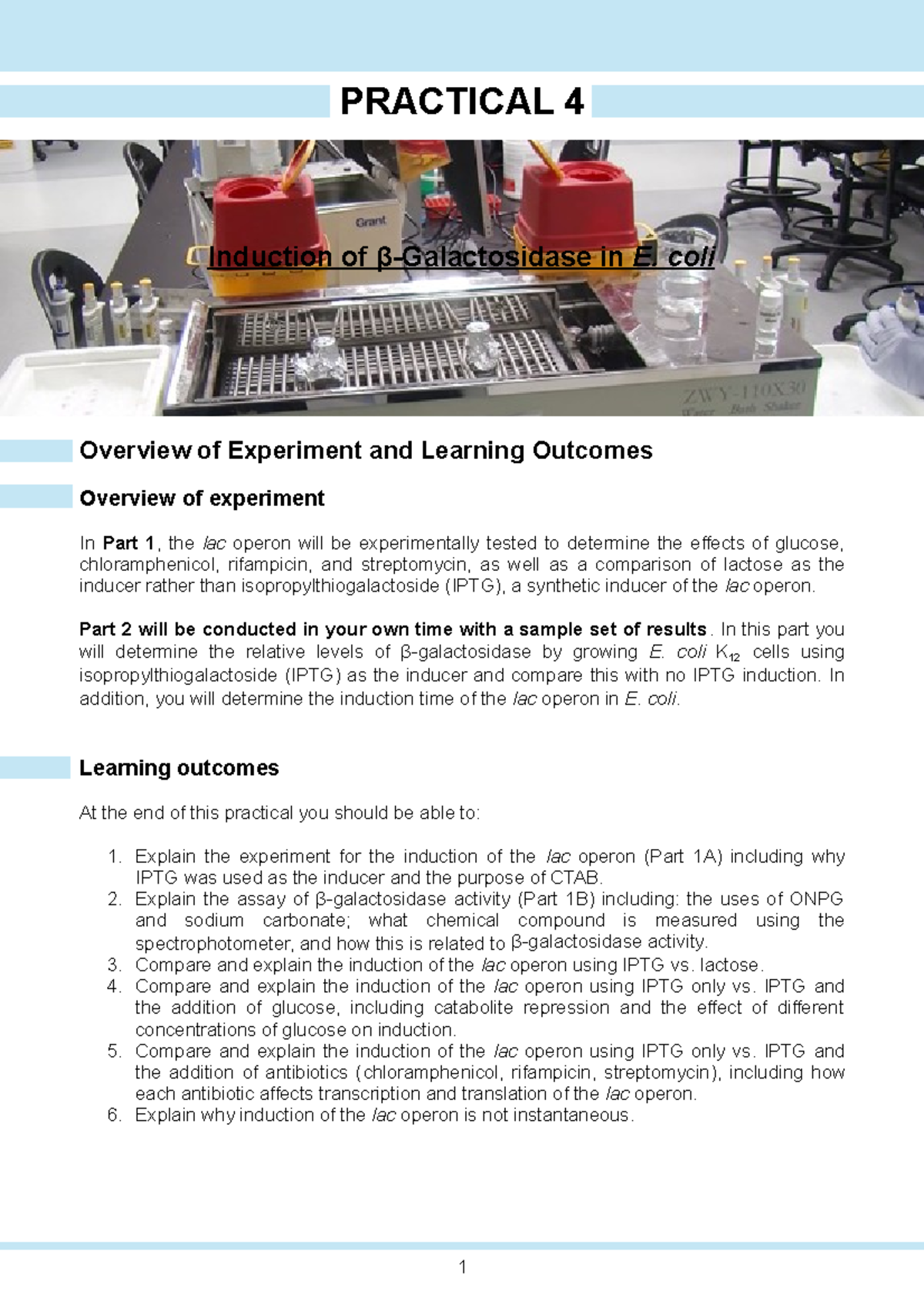 BIOC2201 Practical 4 Week 7 β-Galactosidase Induction Student Notes ...