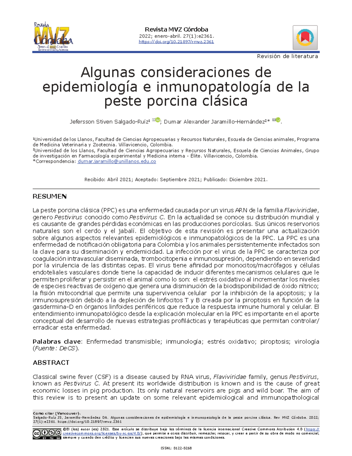 Revisión de literatura sobre epidemiología e inmunopatología de la PPC ...