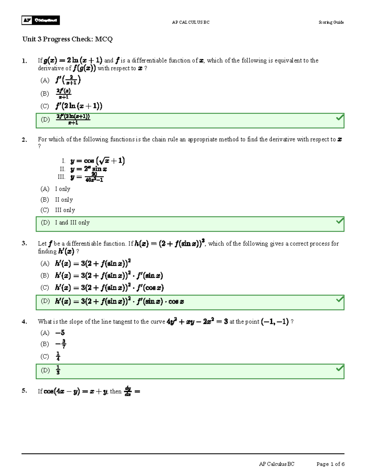 AP CALCULUS BC Unit 3 Progress Check: MCQ Scoring Guide - Studocu