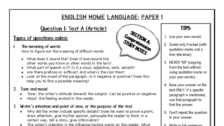 Eng HL Paper 1 Study Guide: Key Tips and Strategies for Success - Studocu
