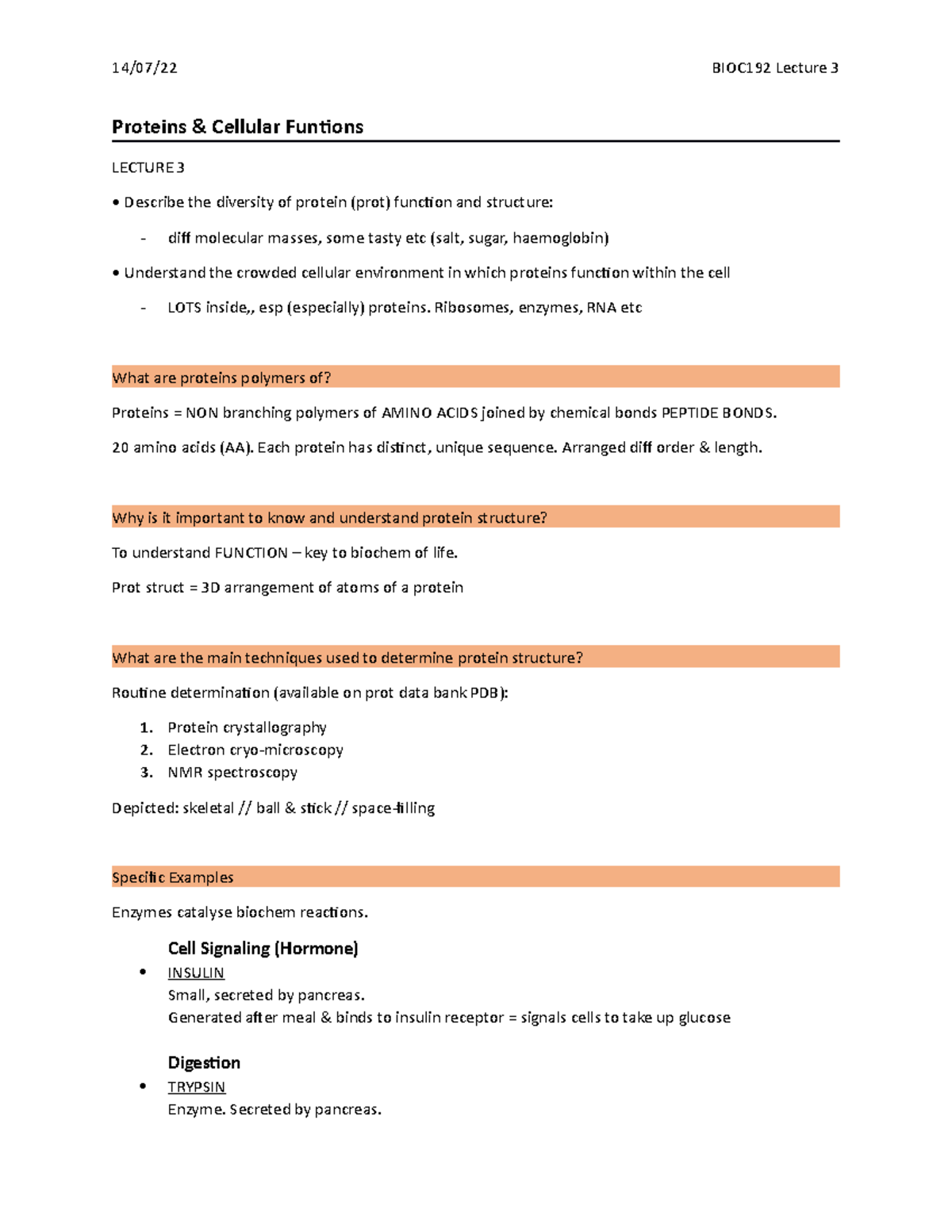 BIOC L3 - third lecture notes - 14/07/22 BIOC192 Lecture 3 Proteins ...
