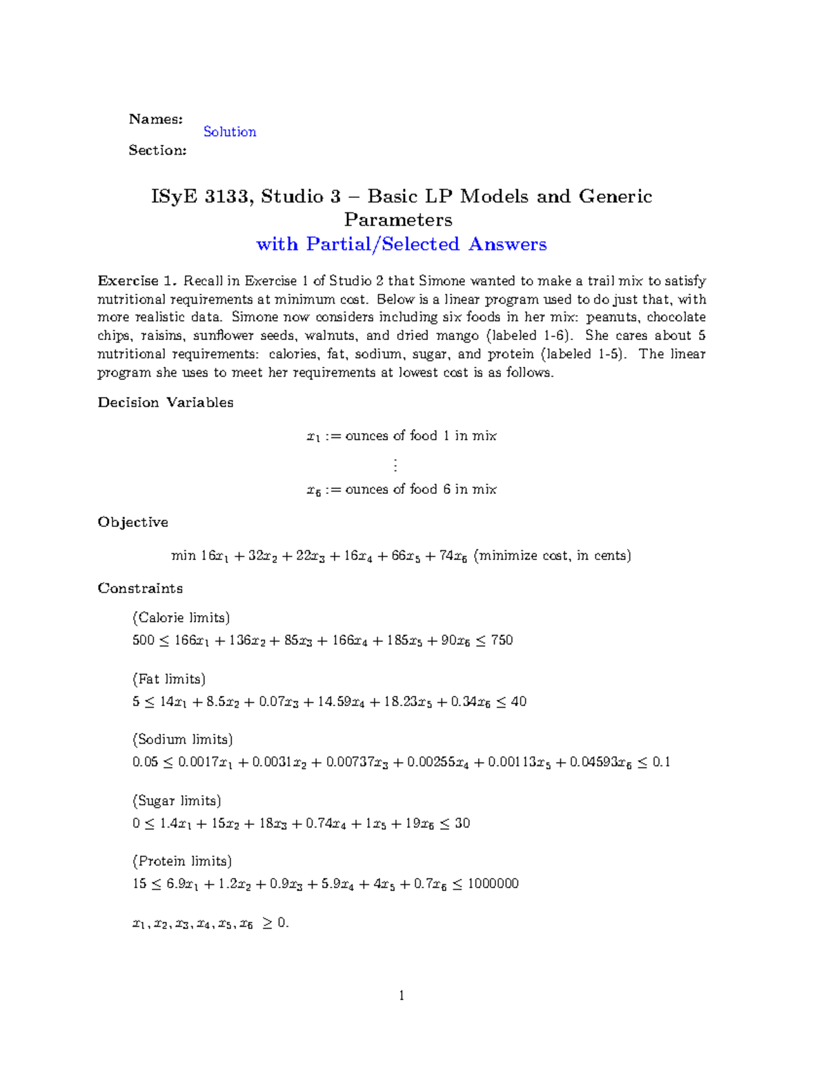 ISyE 3133: Studio 3 Solutions for Basic LP Models and Parameters - Studocu