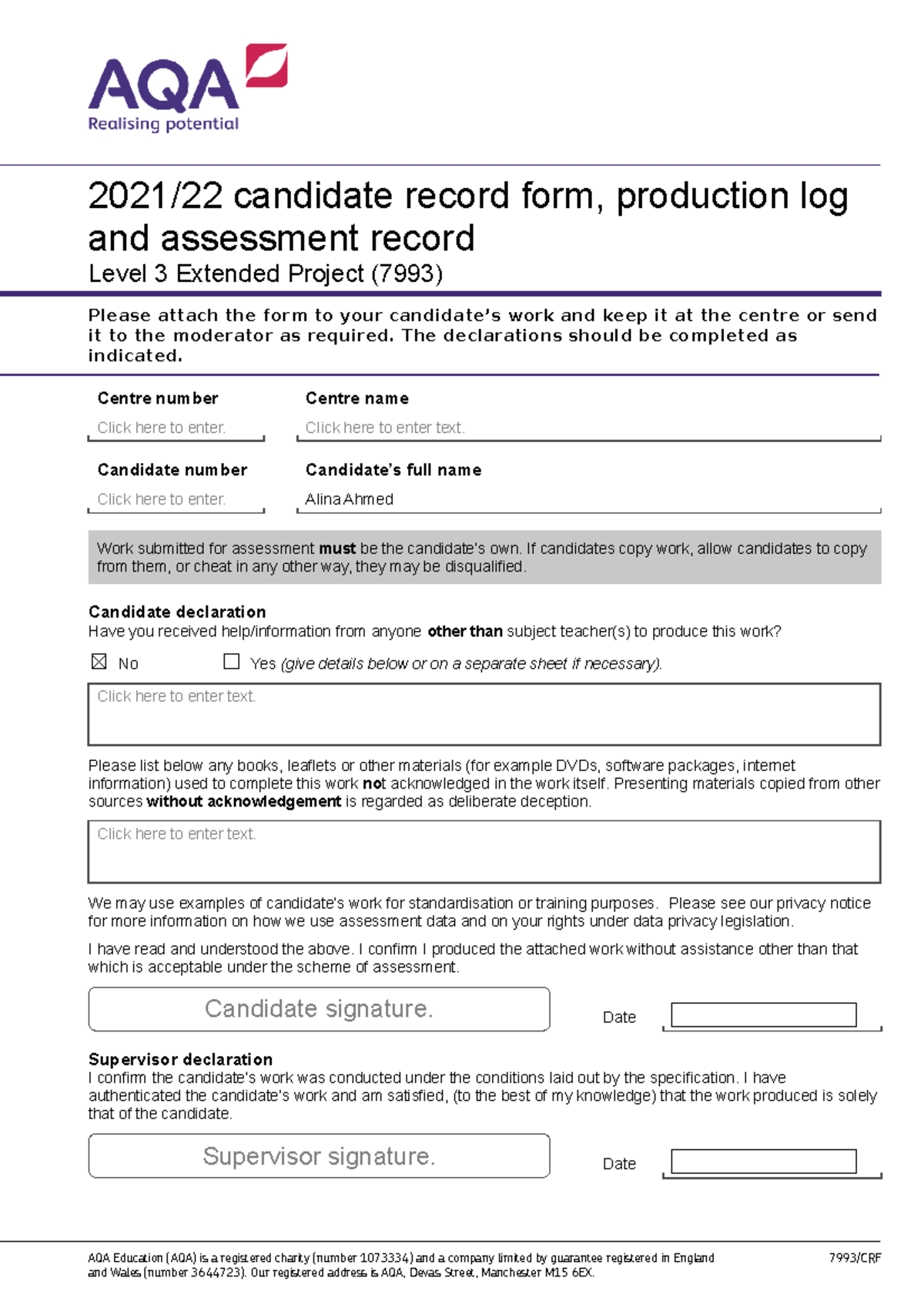 AQA Level 3 Extended Project Production Log (7993) for 2021/22