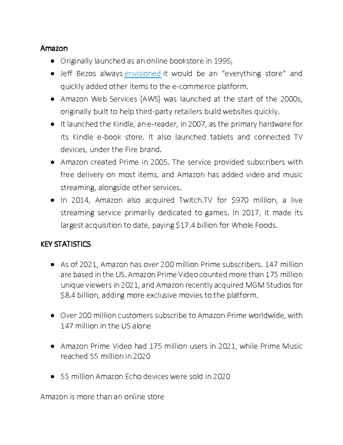 LECTURE NOTES (101) - Amazon Originally launched as an online bookstore ...