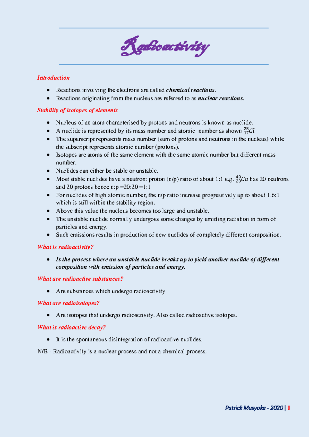 Radioactivity Notes: Understanding Nuclear Reactions and Decay - Studocu