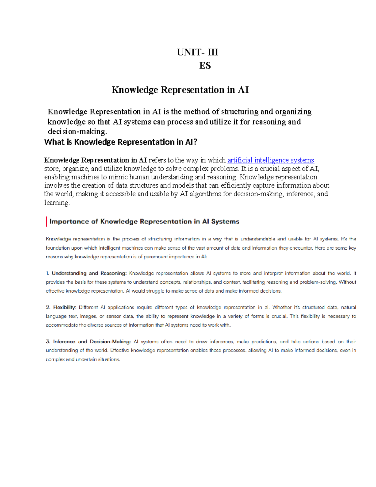 ES Knowledge Representation in AI: Concepts and Applications - Studocu