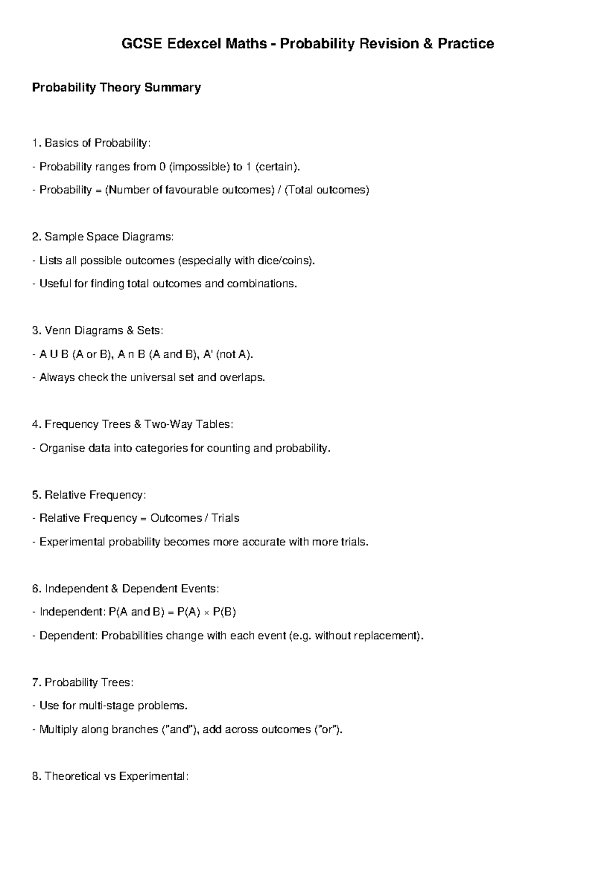 GCSE Edexcel Maths Probability Revision & Practice Questions Summary ...