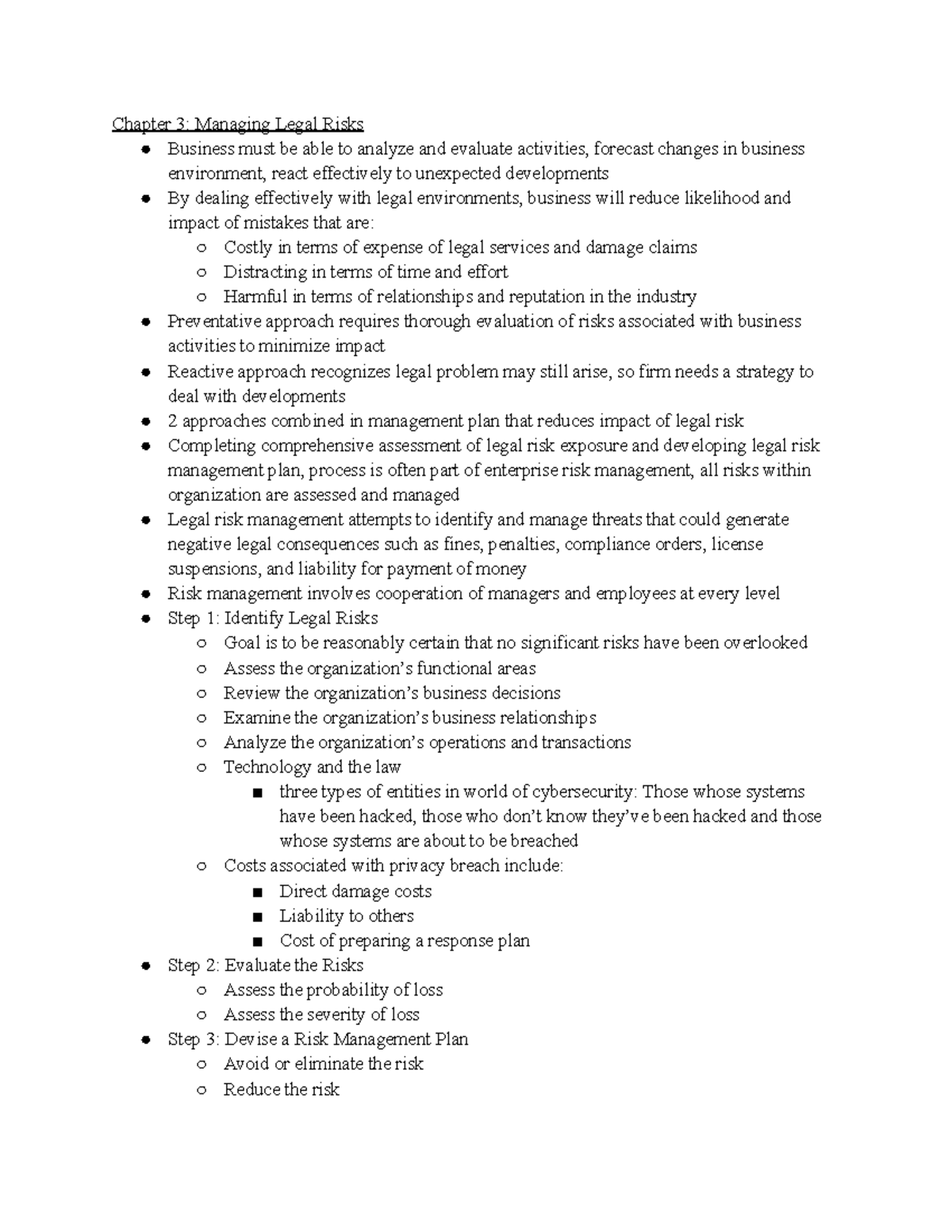 COMM 231 Chapter 3 - Lecture notes - Chapter 3: Managing Legal Risks ...