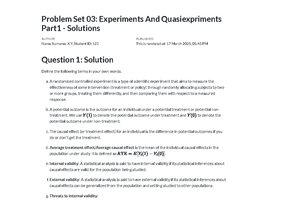 Problem Set 03 Experiments And Quasiexpriments Part1 - Solutions ...