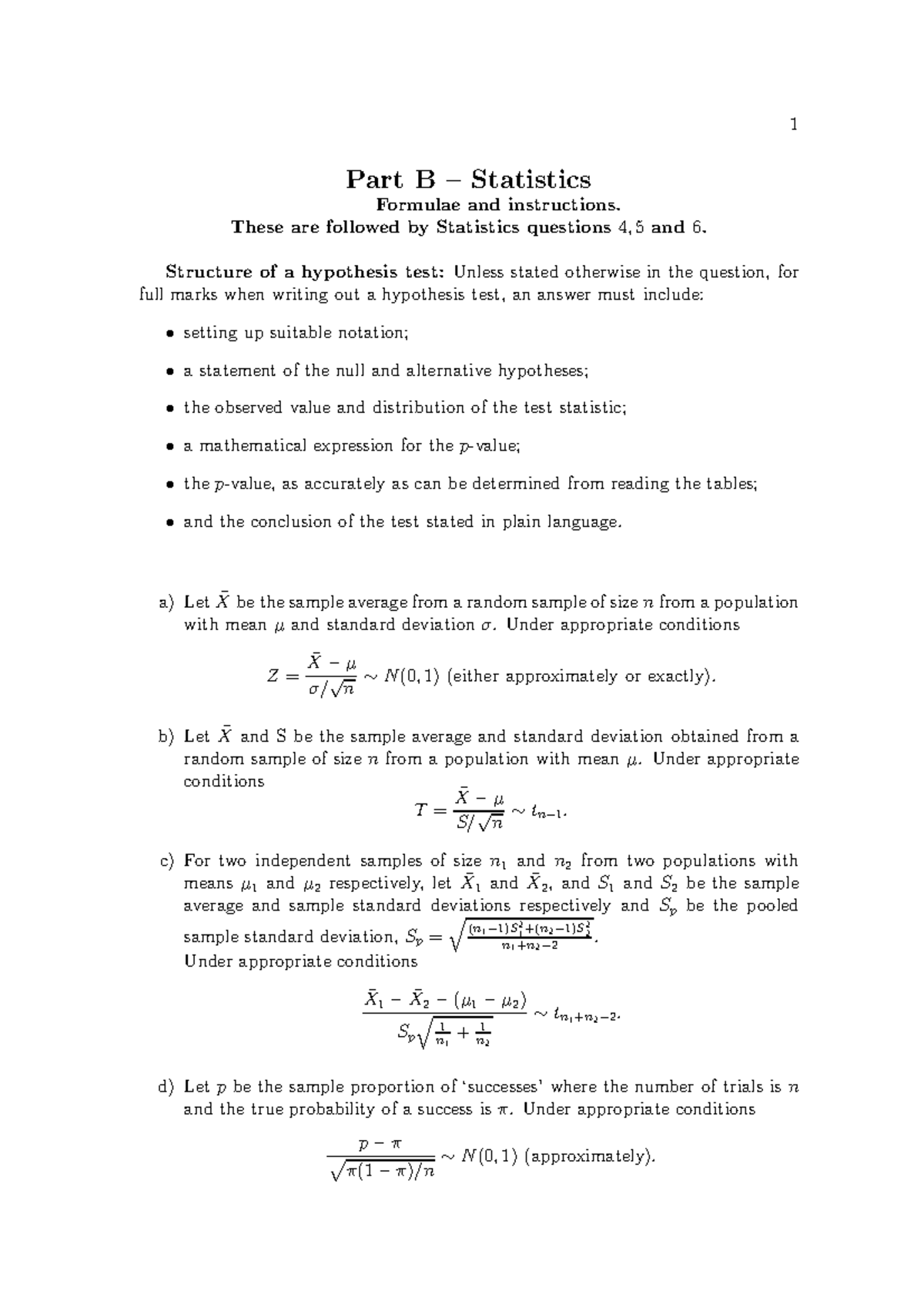 Statistics Formula Sheet for Hypothesis Testing - Studocu