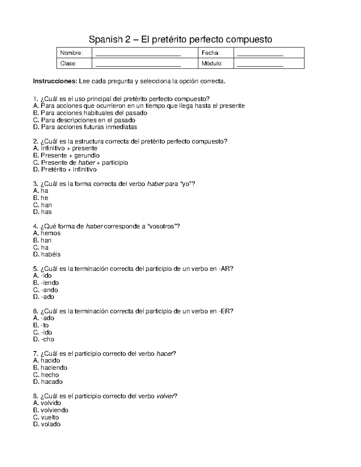 Spanish 2 Preterito Perfecto Compuesto Worksheet - Studocu