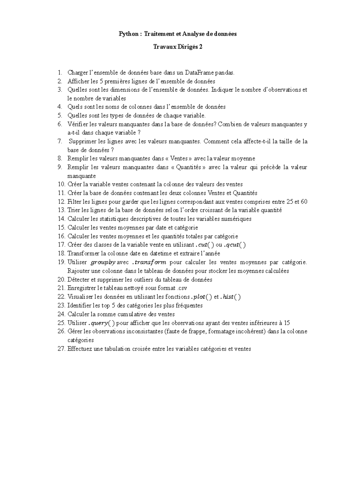 Td2 - Td2 - Python : Traitement et Analyse de données Travaux Dirigés 2 ...