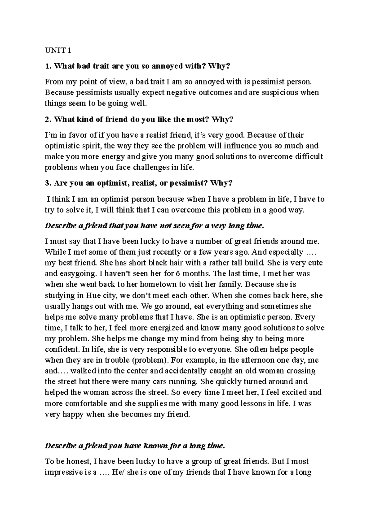 Speaking Exam Summary - Unit 1 Insights and Reflections - Studocu