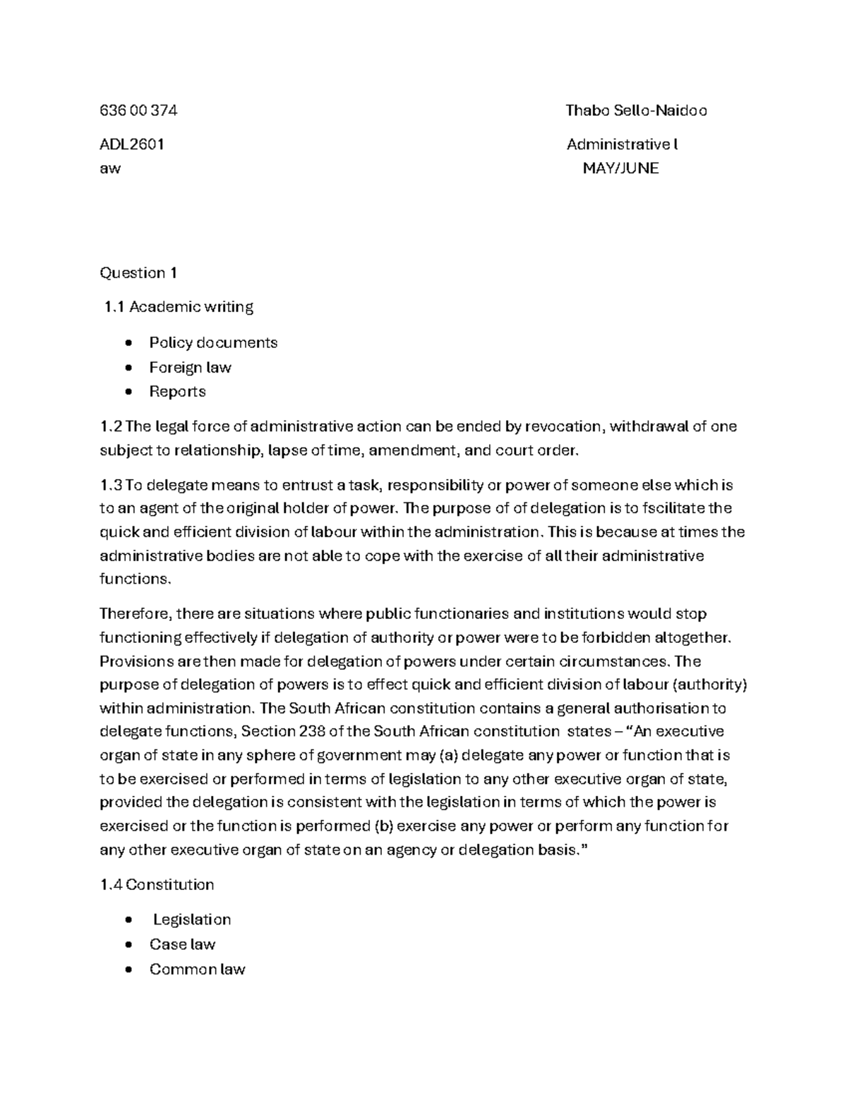 636 00 374 ADL2601 Administrative Law Notes on Delegation & Fair ...