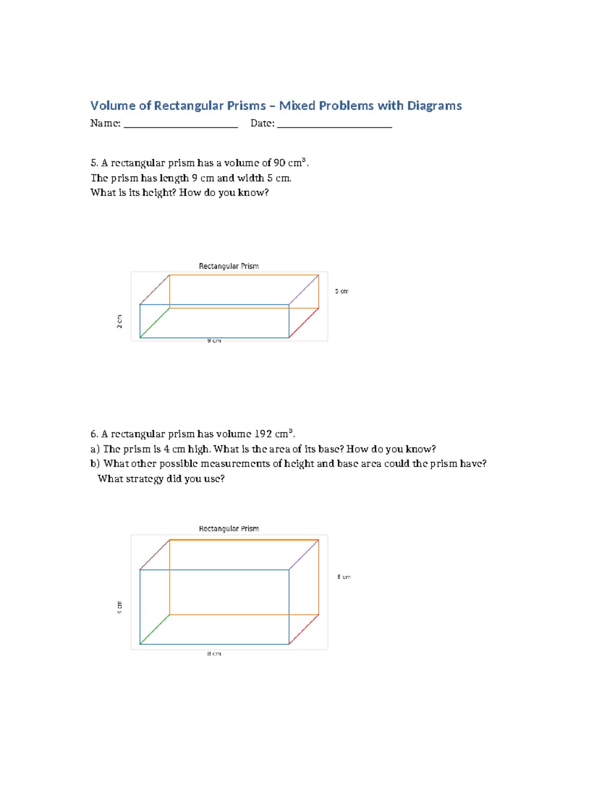 Volume Worksheet: Rectangular Prisms Mixed Problems - Studocu