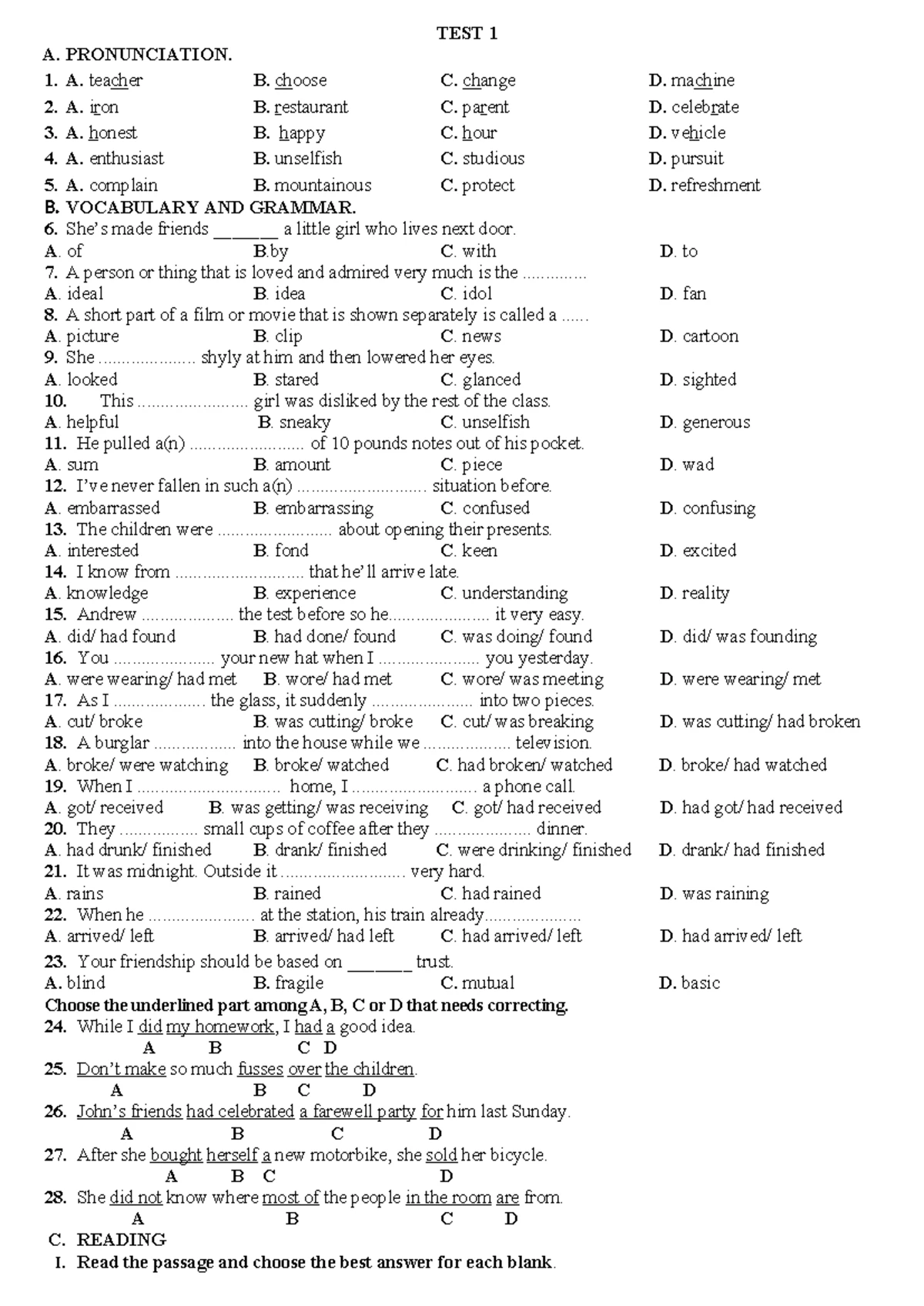 TEST 1 UNIT 7 - Vocabulary and Grammar Exercises - Studocu