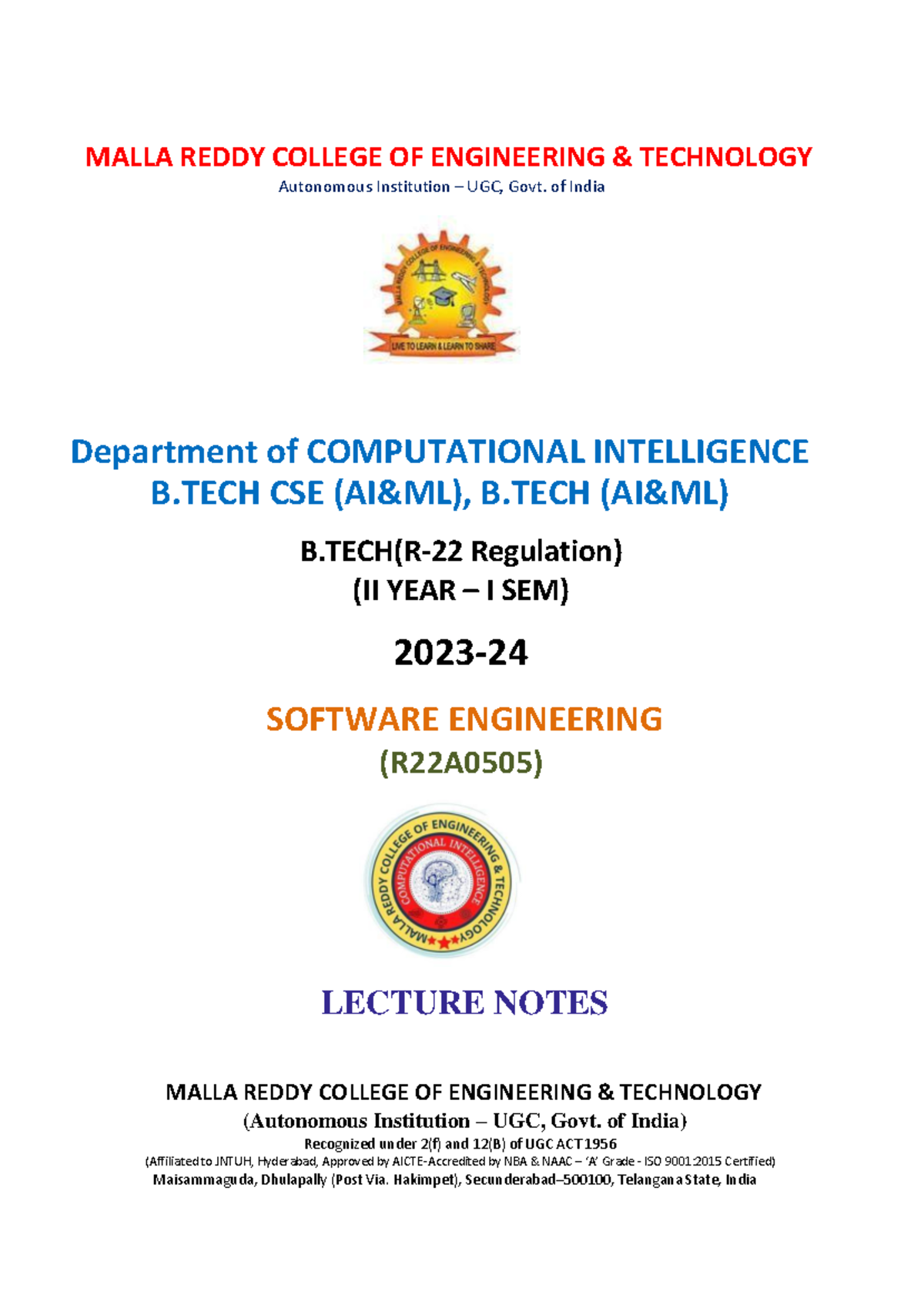 B.TECH CSE (AI&ML) - I SEM SOFTWARE ENGINEERING LECTURE NOTES (R22A0505 ...