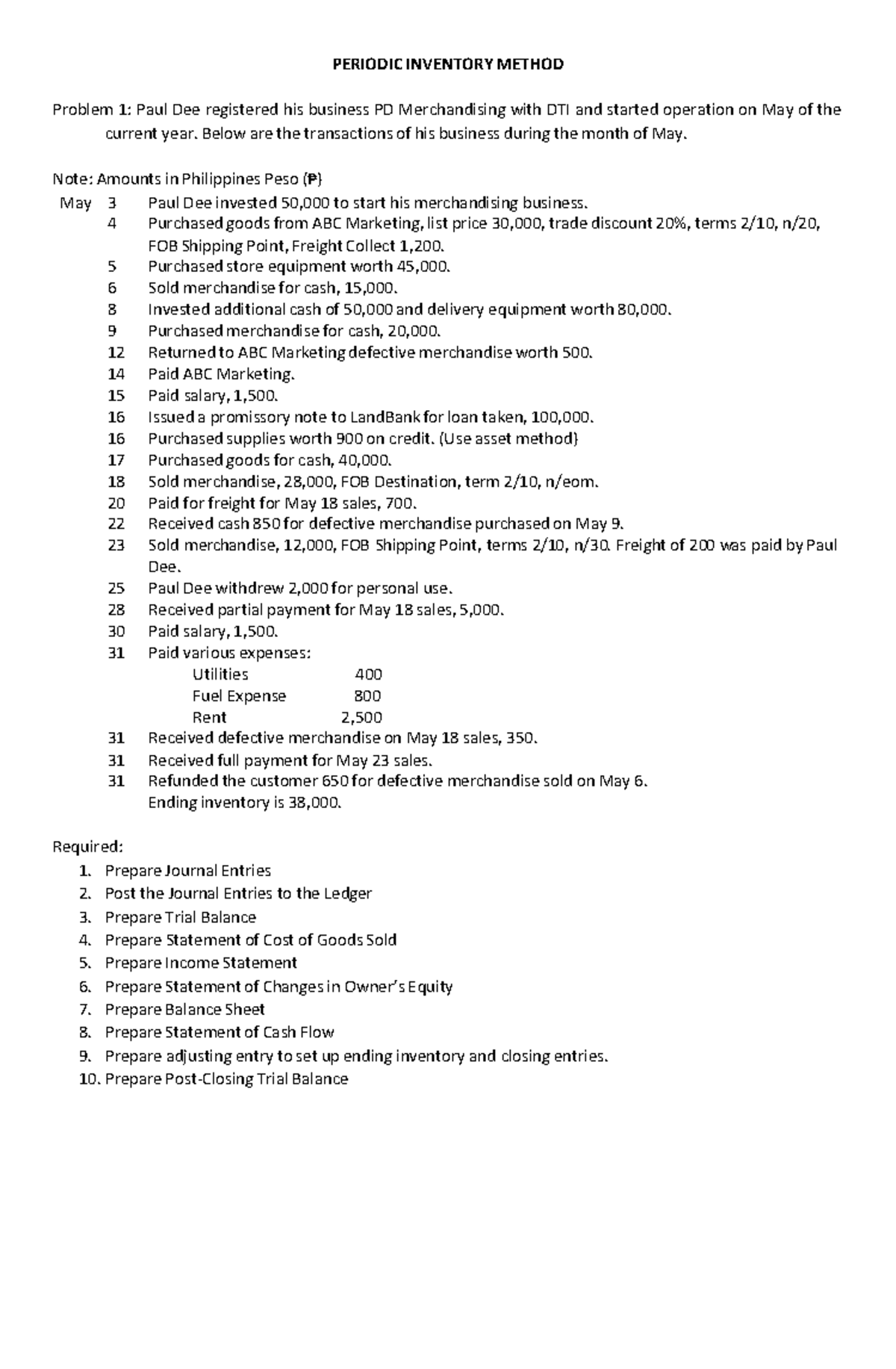 Periodic Inventory System Problem: May Transactions & Financial ...