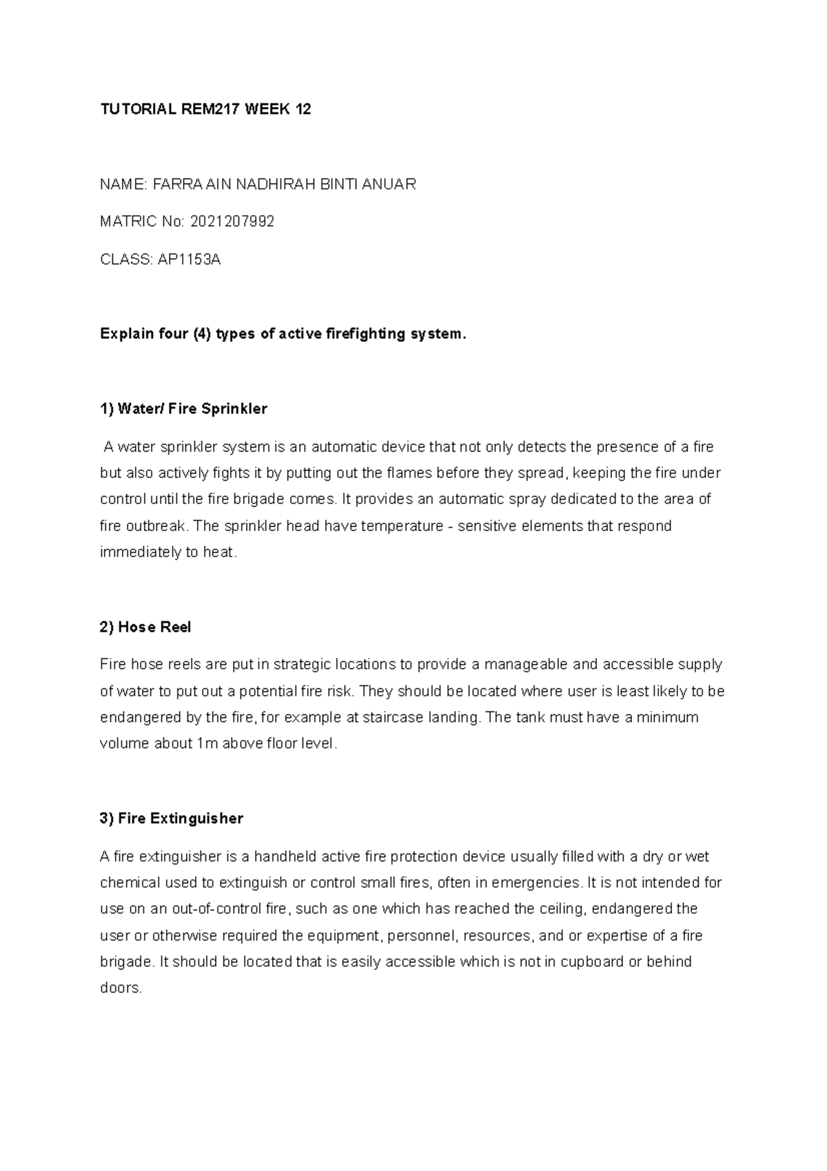 Firefighting system - REM217- assignment task - TUTORIAL REM217 WEEK 12 ...