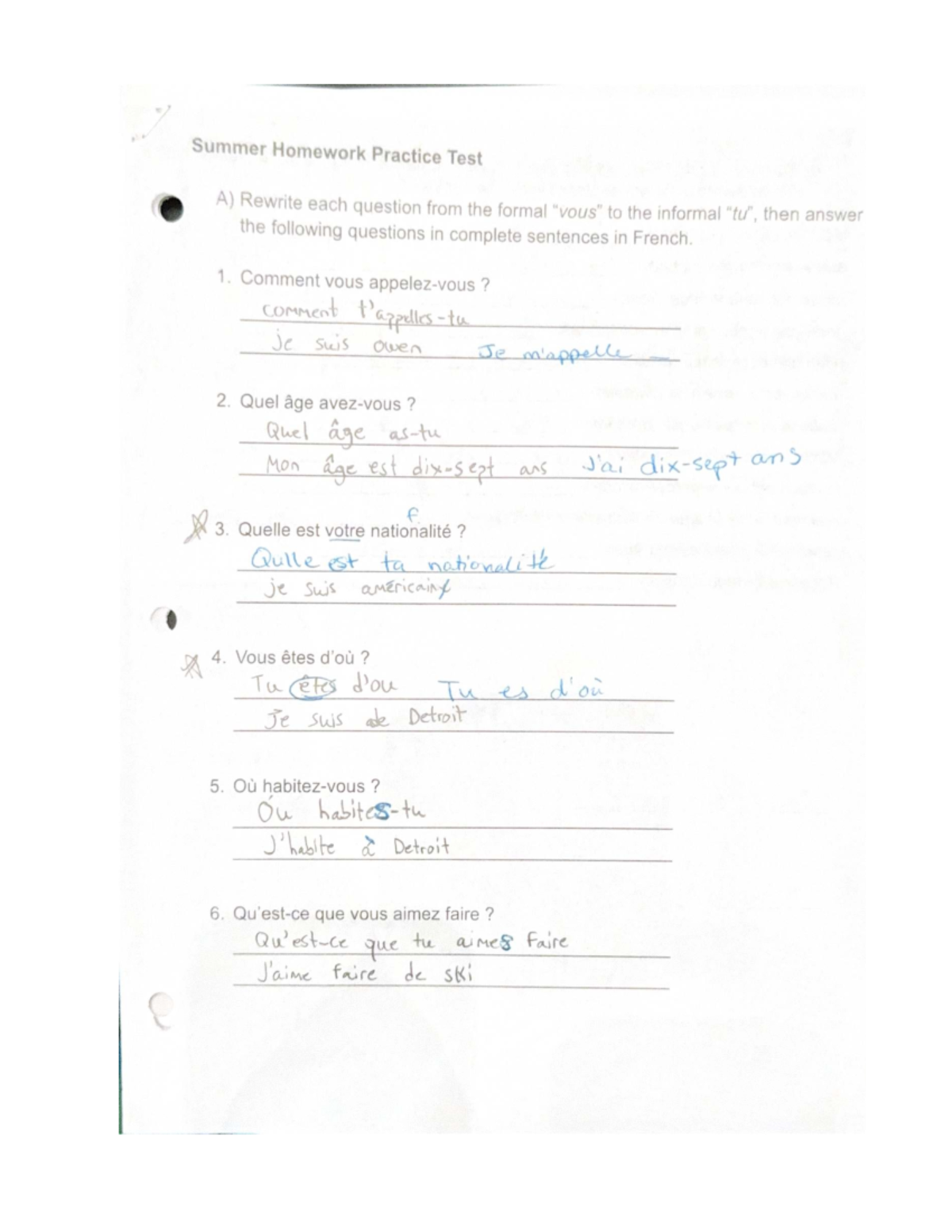 Summer Homework Practice Test: Informal 