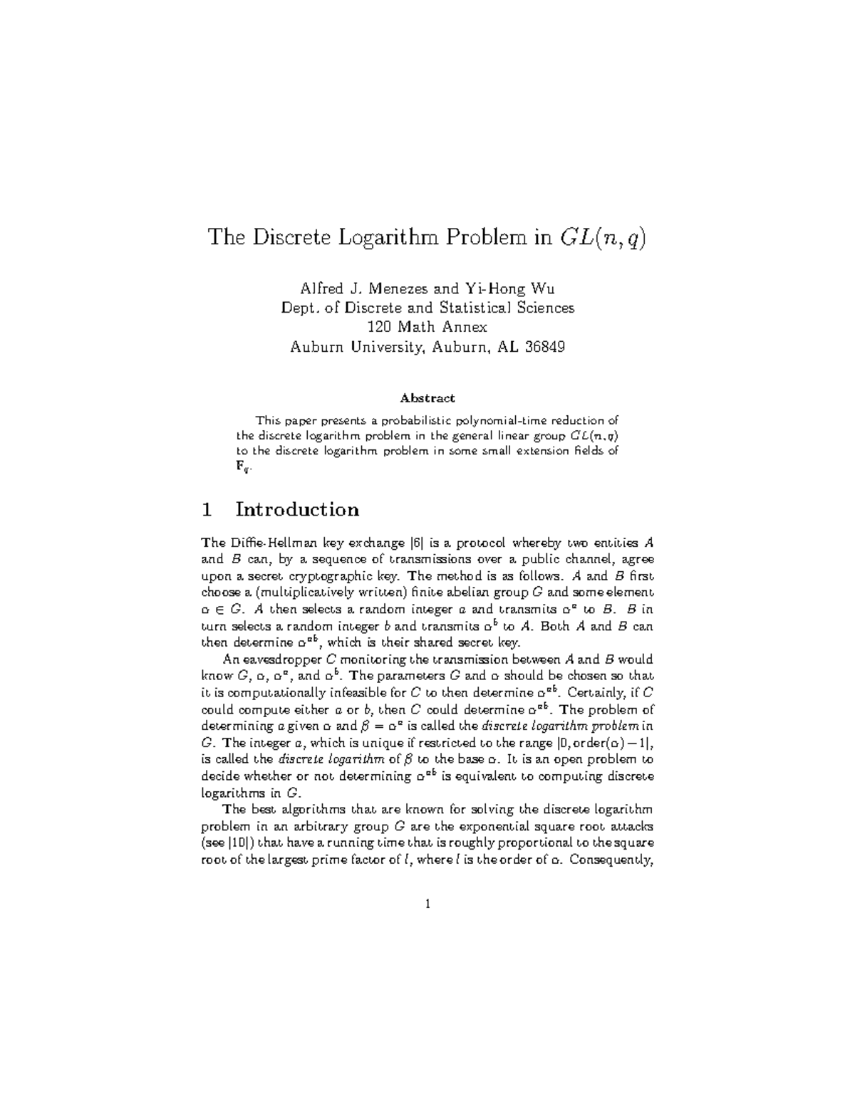 Probabilistic Reduction of Discrete Logarithm in GL(n, q) - MATH 120 ...