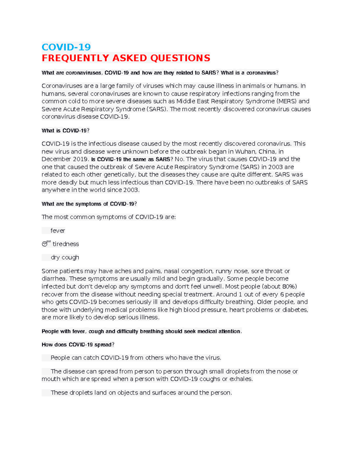FREQUENTLY ASKED QUESTIONS: Understanding Coronaviruses and SARS - Studocu