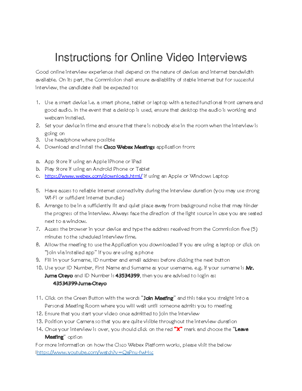 Online Interview Instructions for Candidates on Cisco Webex - Studocu