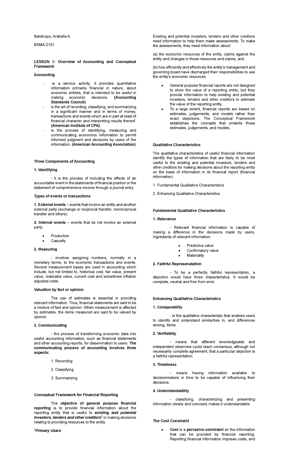 ACC 203 CFAS Reviewer: Overview of Accounting Concepts and Framework ...
