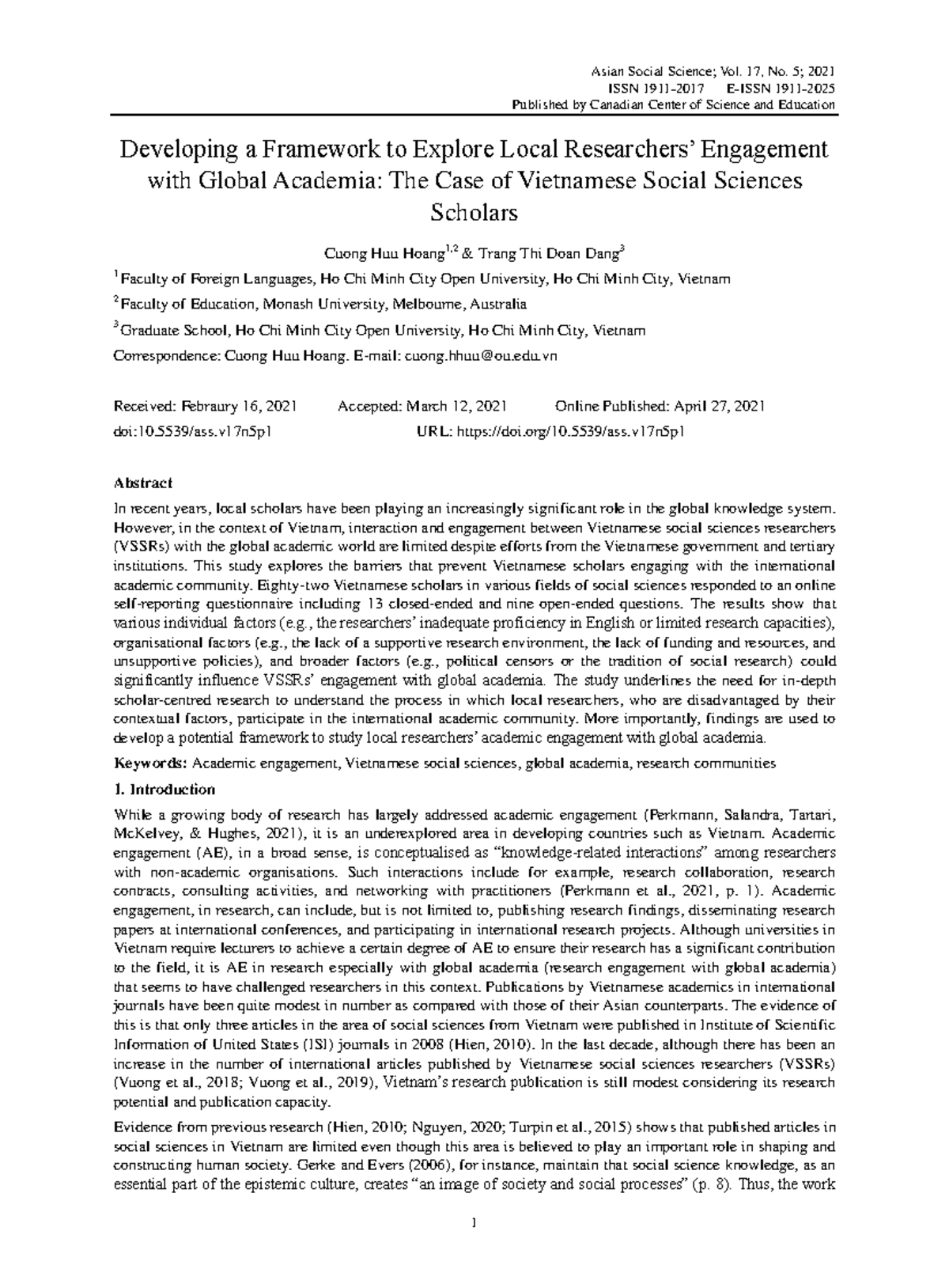 Developing a Framework for Vietnamese Scholars' Global Engagement: A ...