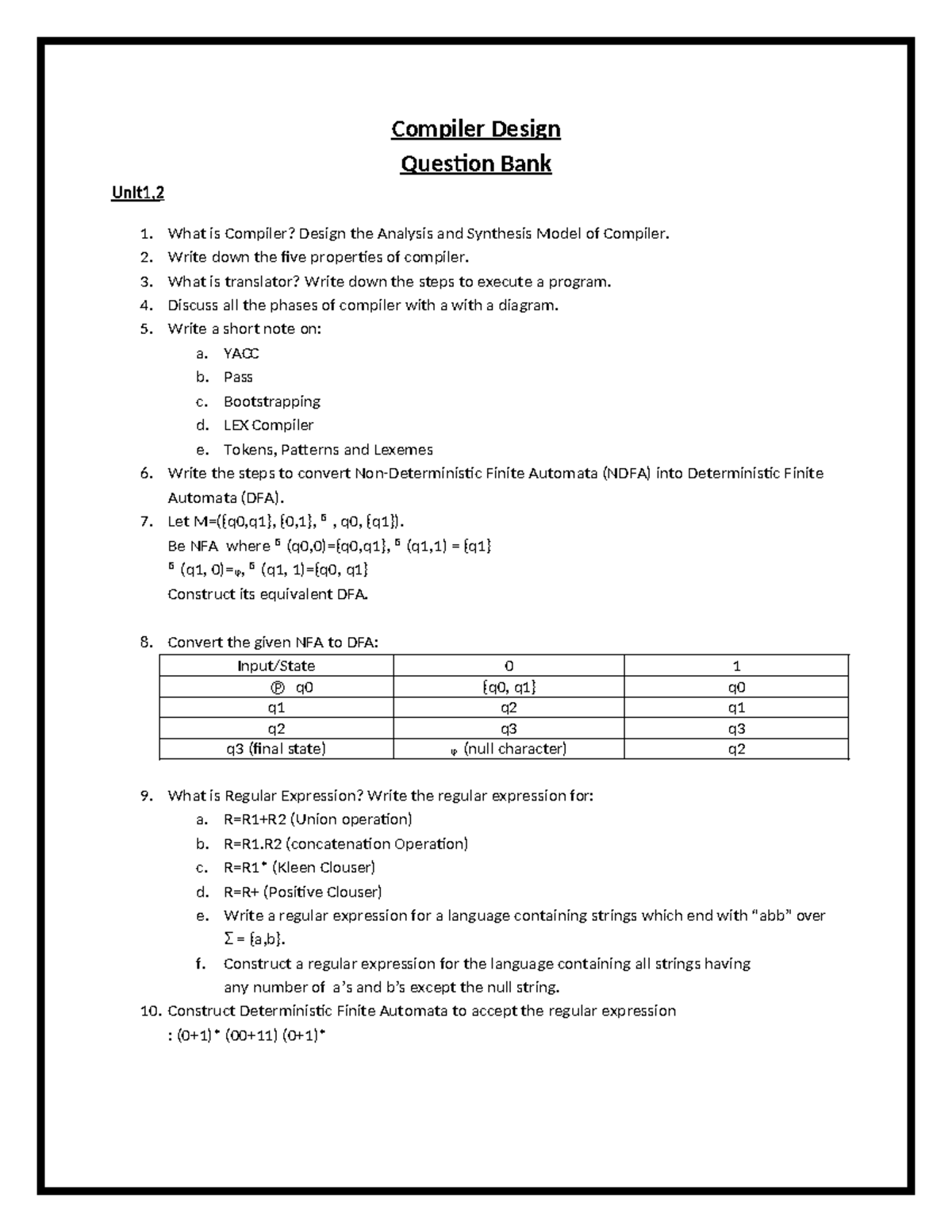 CD-QB: Compiler Design Question Bank for Units 1-3 - Studocu