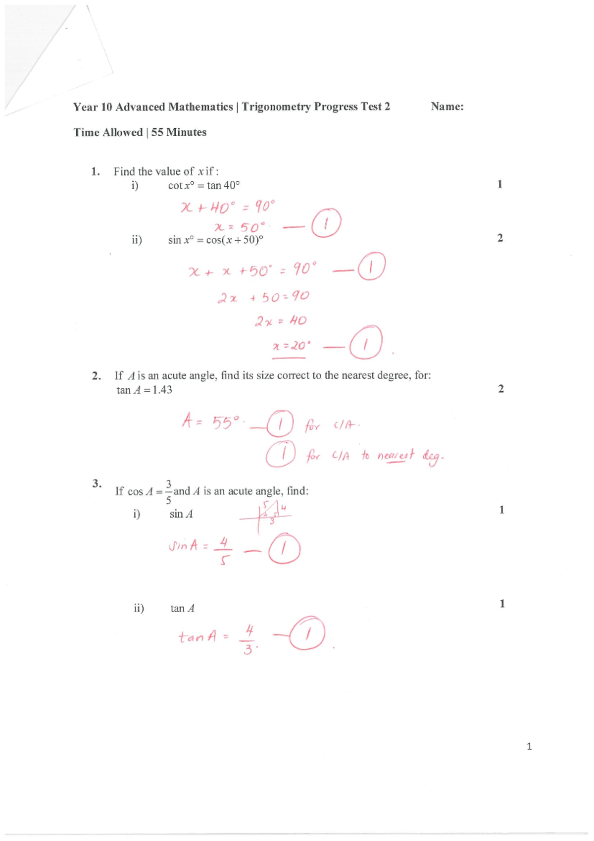 Year 10 Adv Maths I Trigonometry Progress Test 02 Solutions - Studocu
