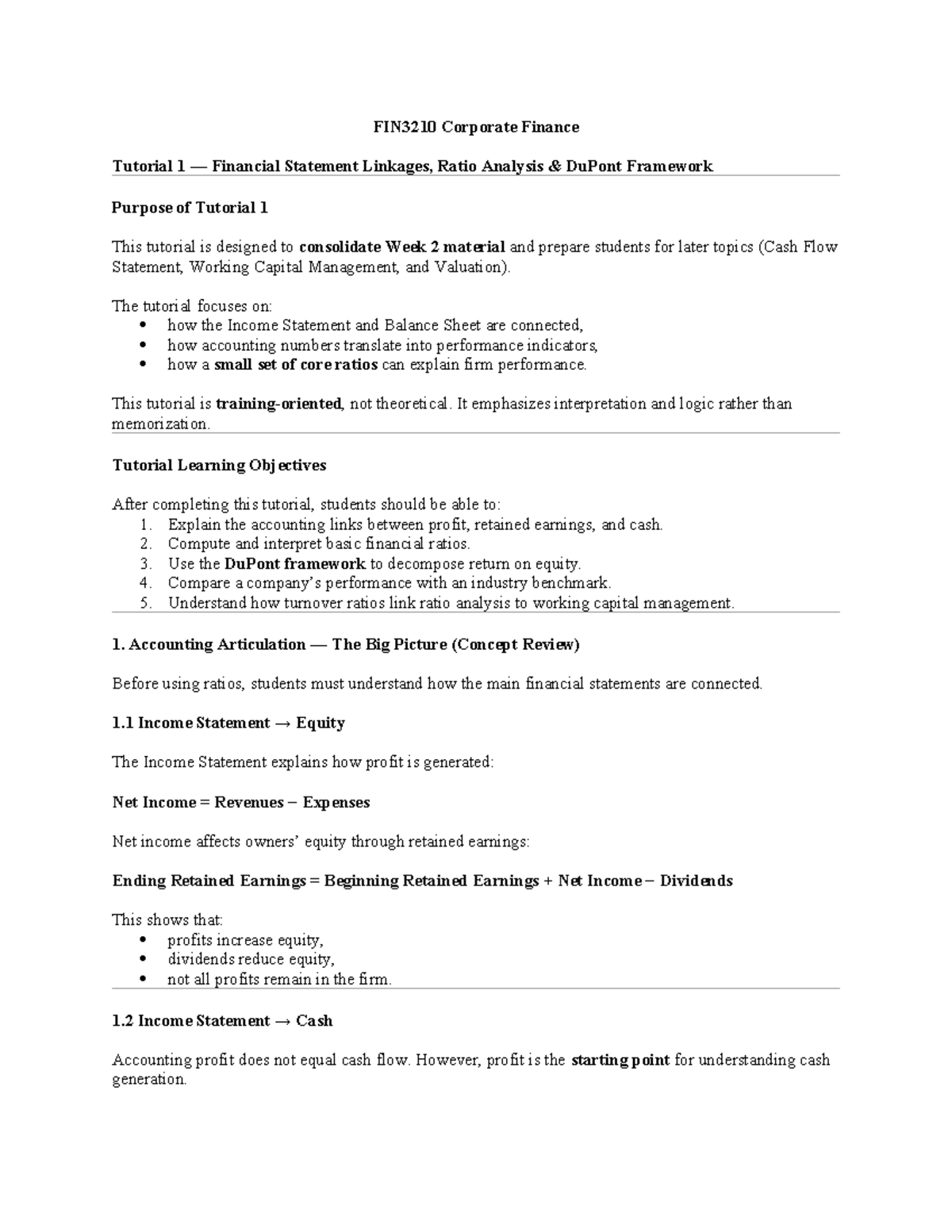 FIN3210 Corporate Finance Tutorial 1: Financial Statement Analysis ...