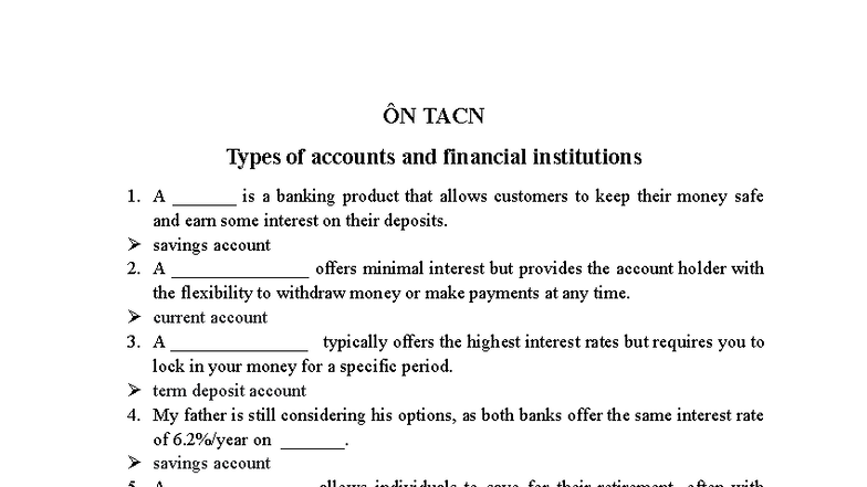 ÔN TACN Types of Accounts and Financial Institutions Overview - Studocu