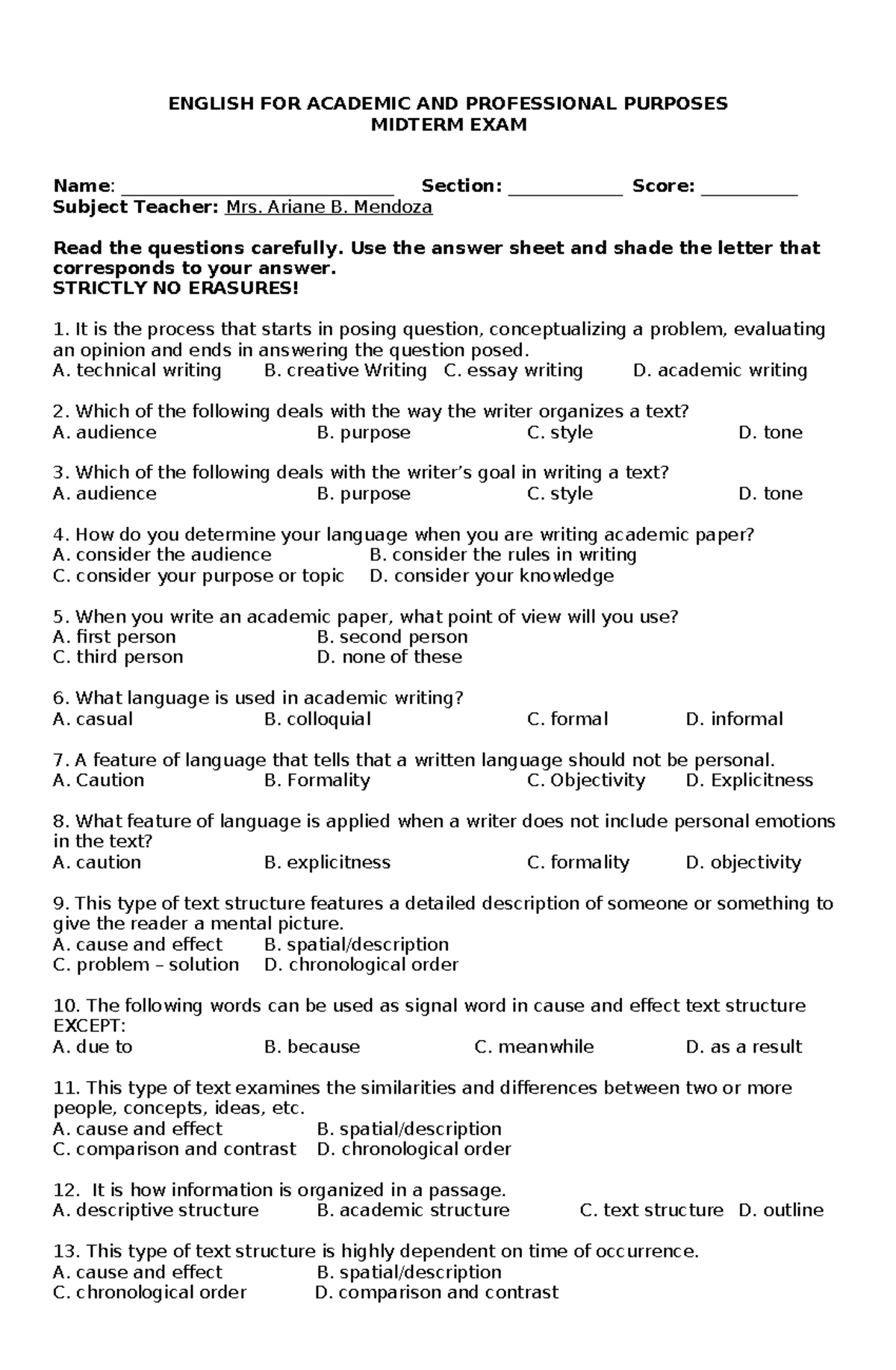 EAPP- Midterm Exam - English for Academic and Professional Purposes ...
