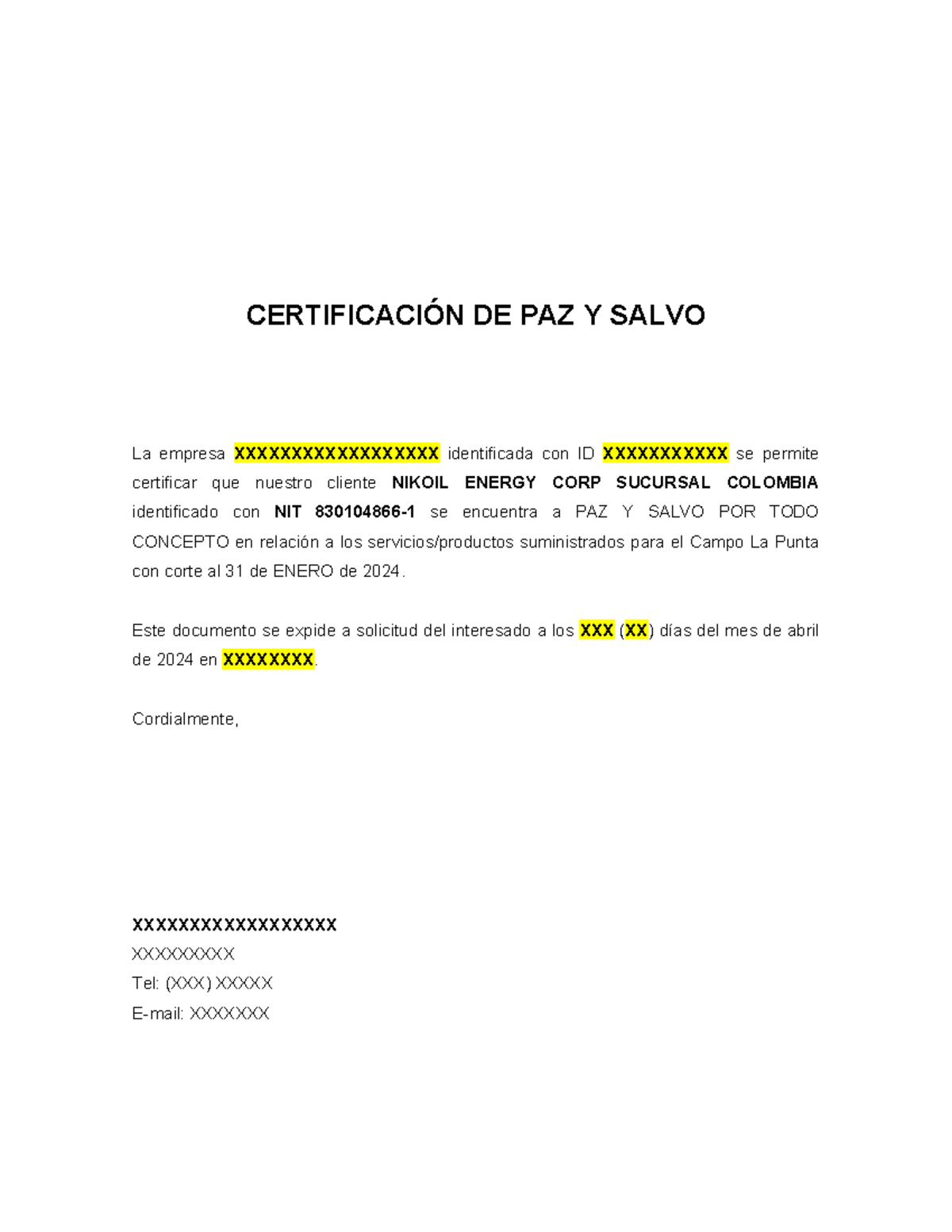 Plantilla - Ejemplo CERT Pazysalvo - CERTIFICACIÓN DE PAZ Y SALVO La ...